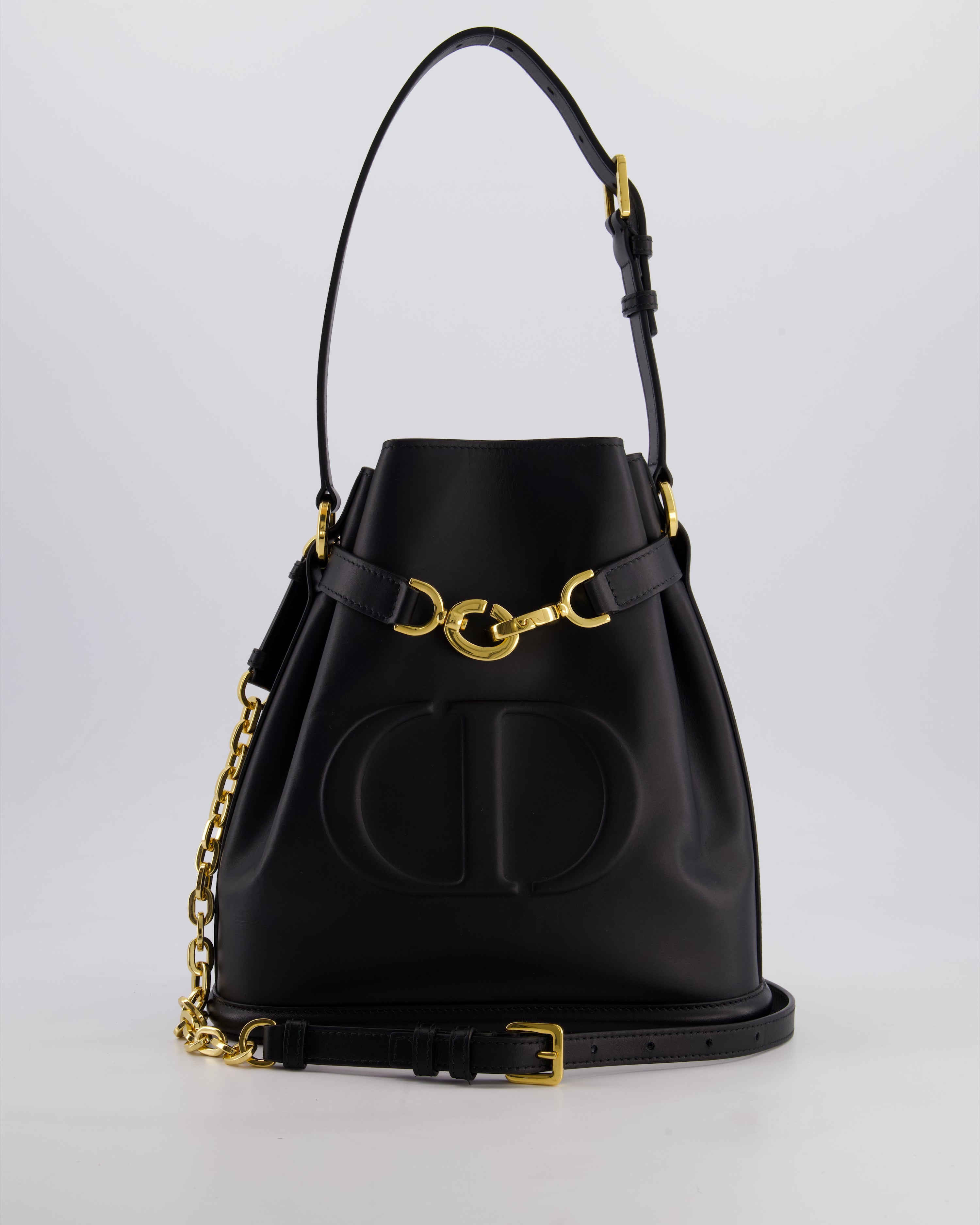 Christian Dior Medium C'est Dior Bucket Bag In Black CD-Embossed Calfskin Leather with Gold Hardware