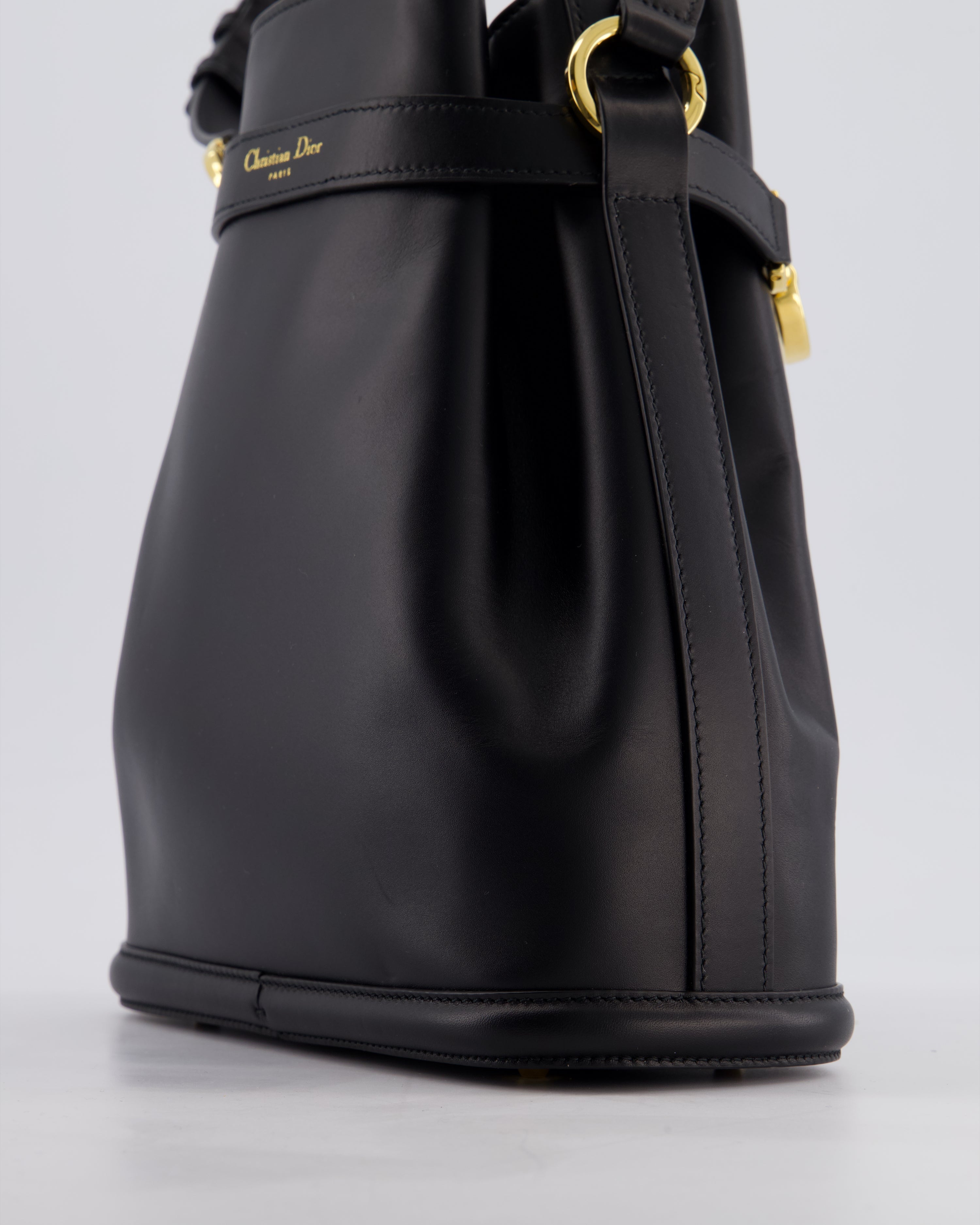 Christian Dior Medium C'est Dior Bucket Bag In Black CD-Embossed Calfskin Leather with Gold Hardware
