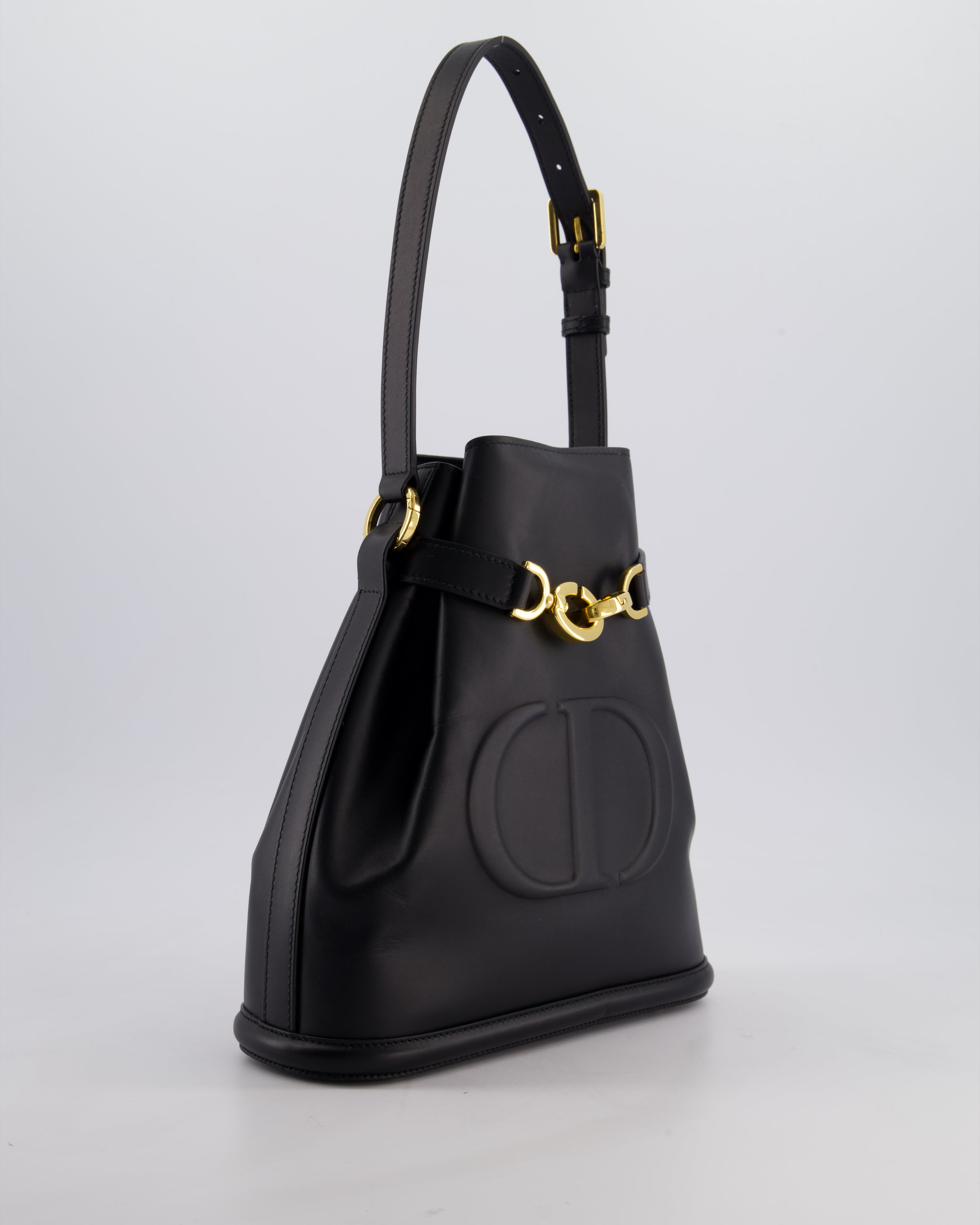 Christian Dior Medium C'est Dior Bucket Bag In Black CD-Embossed Calfskin Leather with Gold Hardware