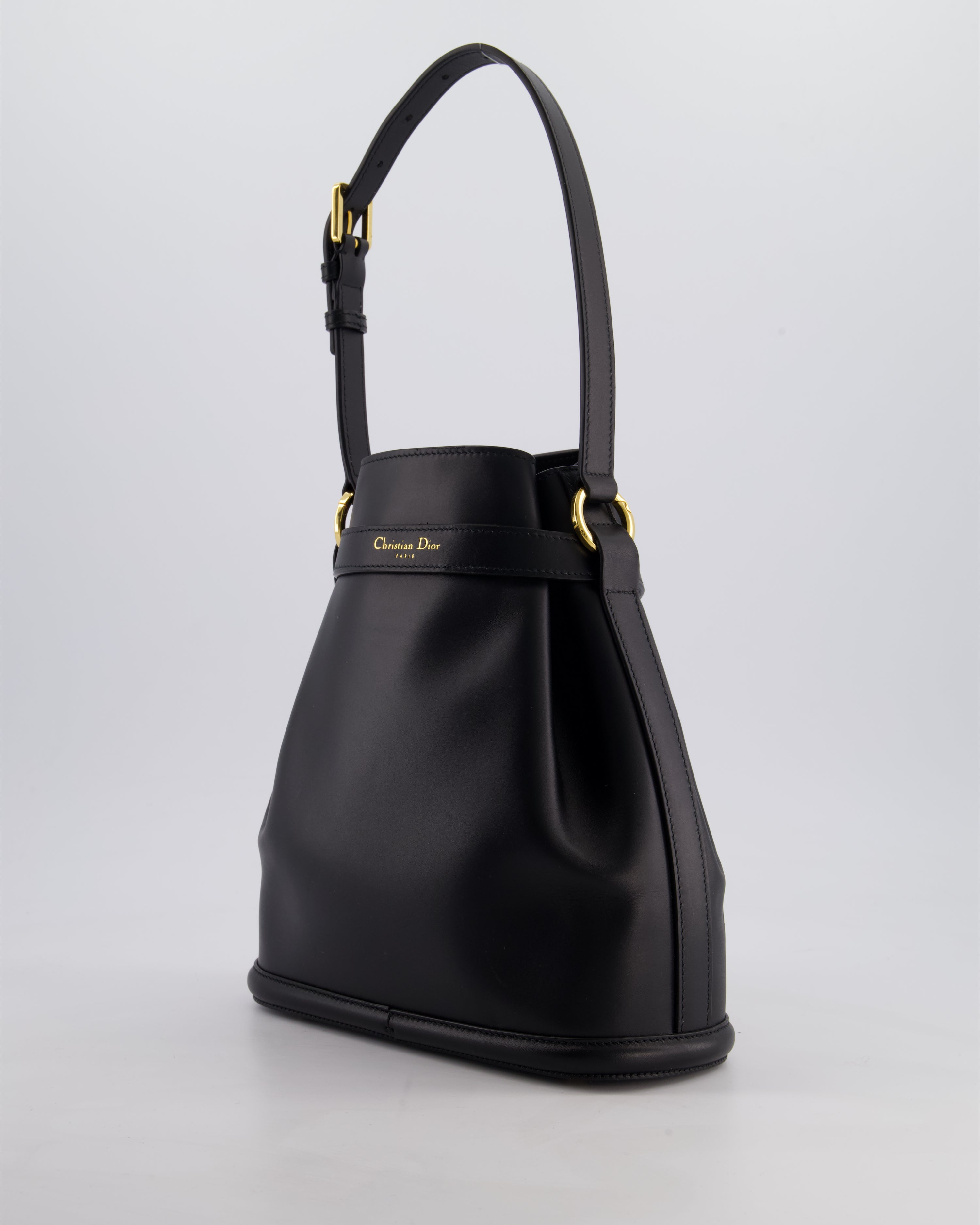 Christian Dior Medium C'est Dior Bucket Bag In Black CD-Embossed Calfskin Leather with Gold Hardware
