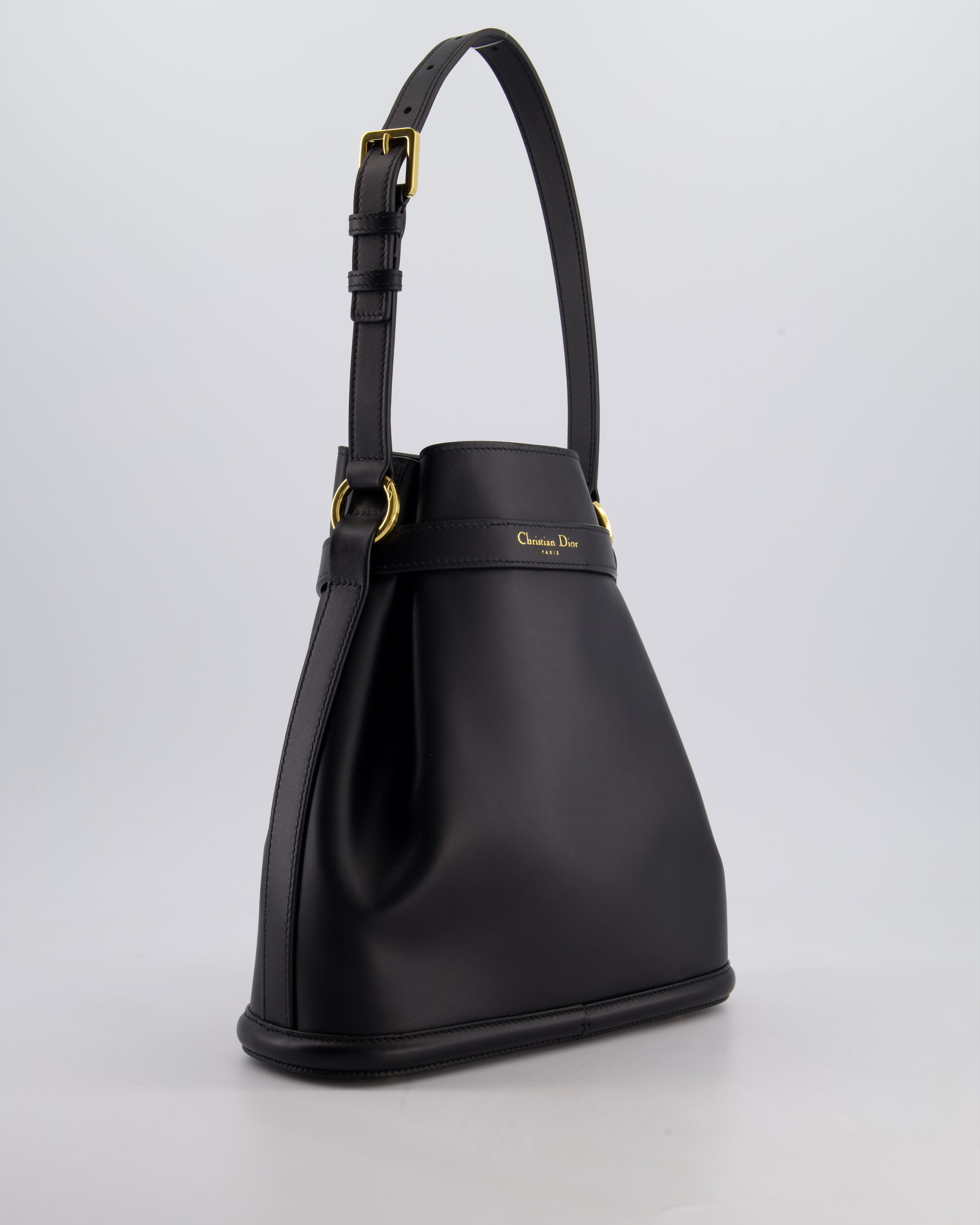 Christian Dior Medium C'est Dior Bucket Bag In Black CD-Embossed Calfskin Leather with Gold Hardware