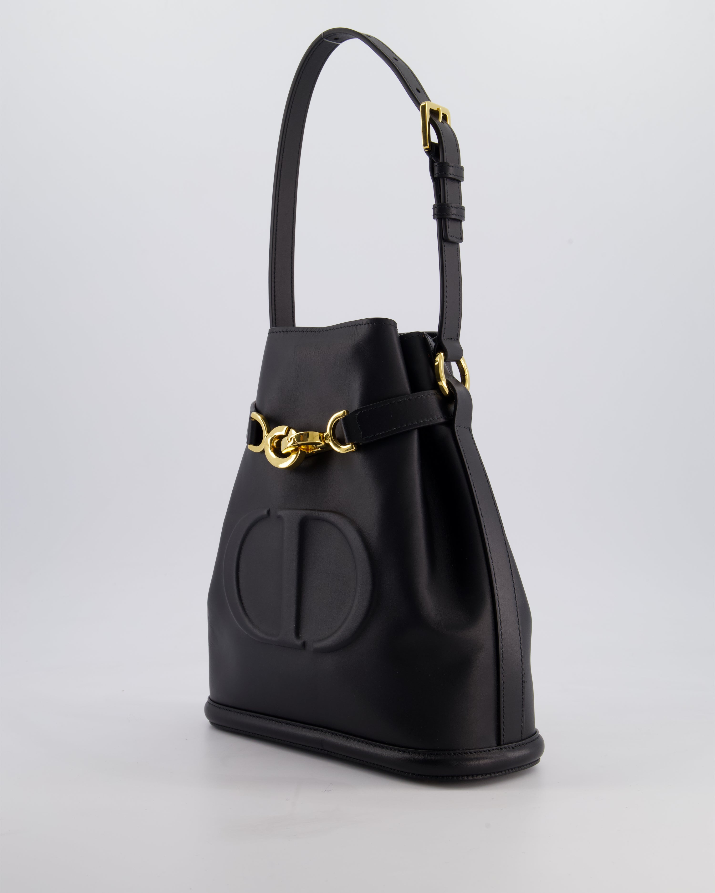 Christian Dior Medium C'est Dior Bucket Bag In Black CD-Embossed Calfskin Leather with Gold Hardware