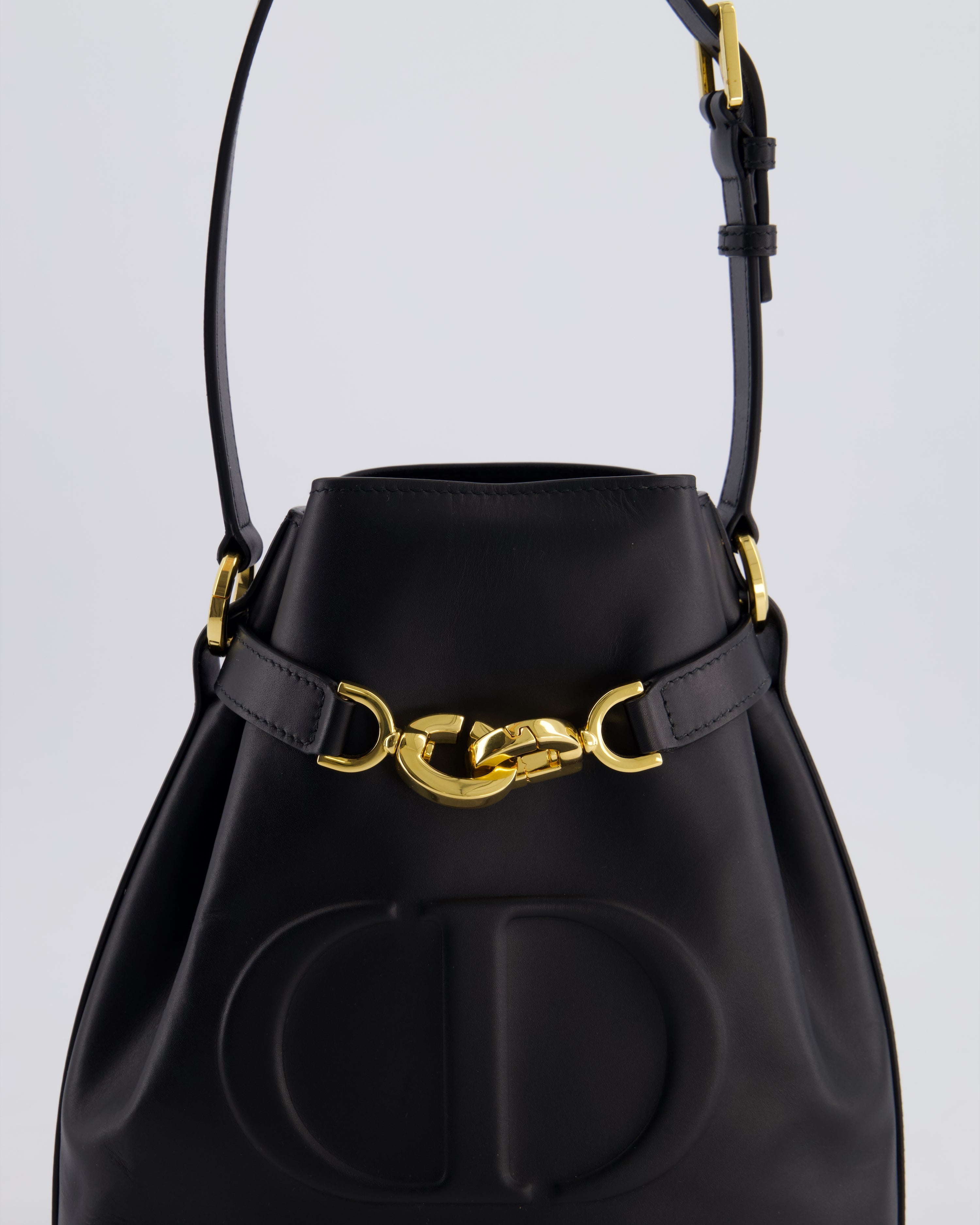 Christian Dior Medium C'est Dior Bucket Bag In Black CD-Embossed Calfskin Leather with Gold Hardware
