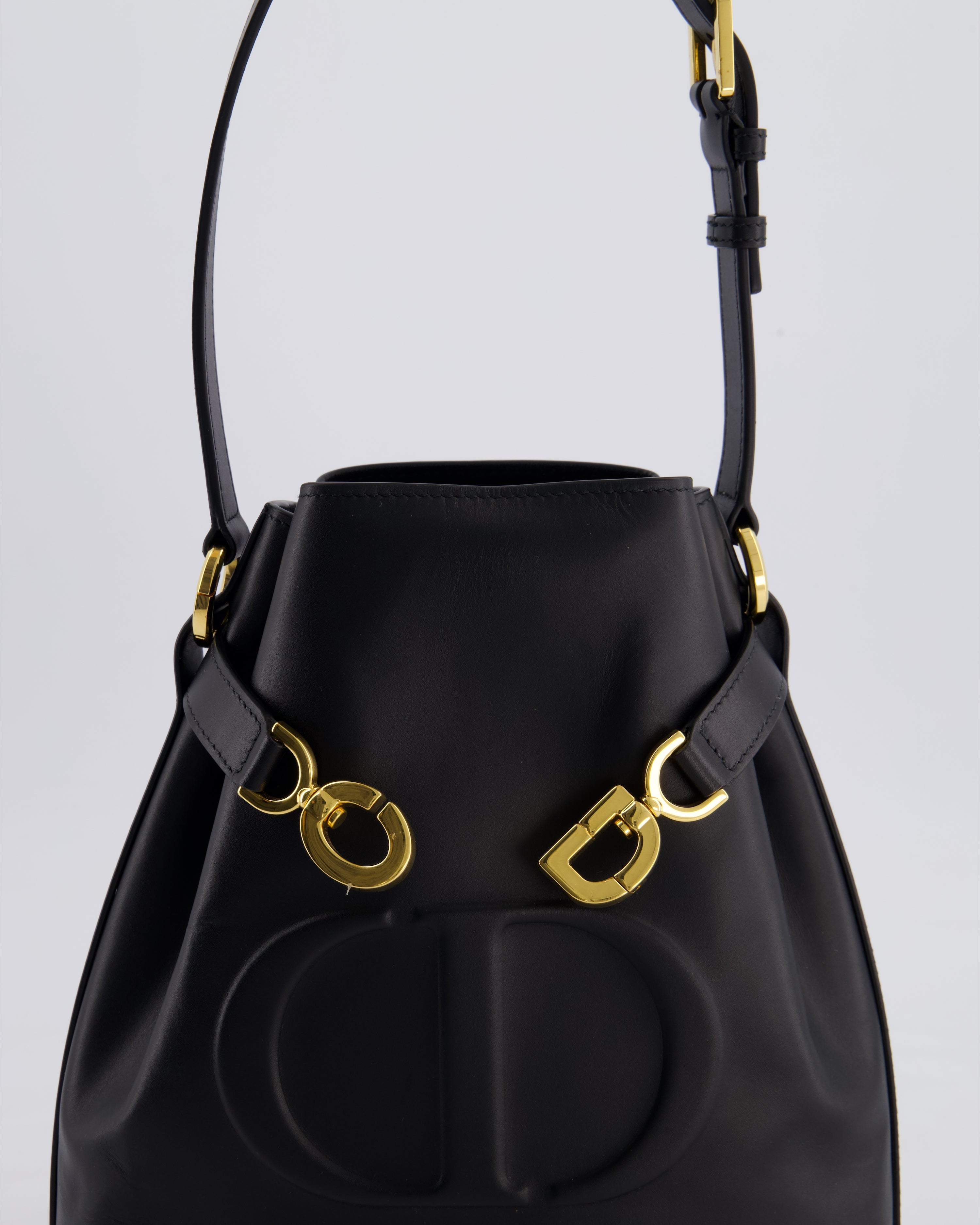 Christian Dior Medium C'est Dior Bucket Bag In Black CD-Embossed Calfskin Leather with Gold Hardware