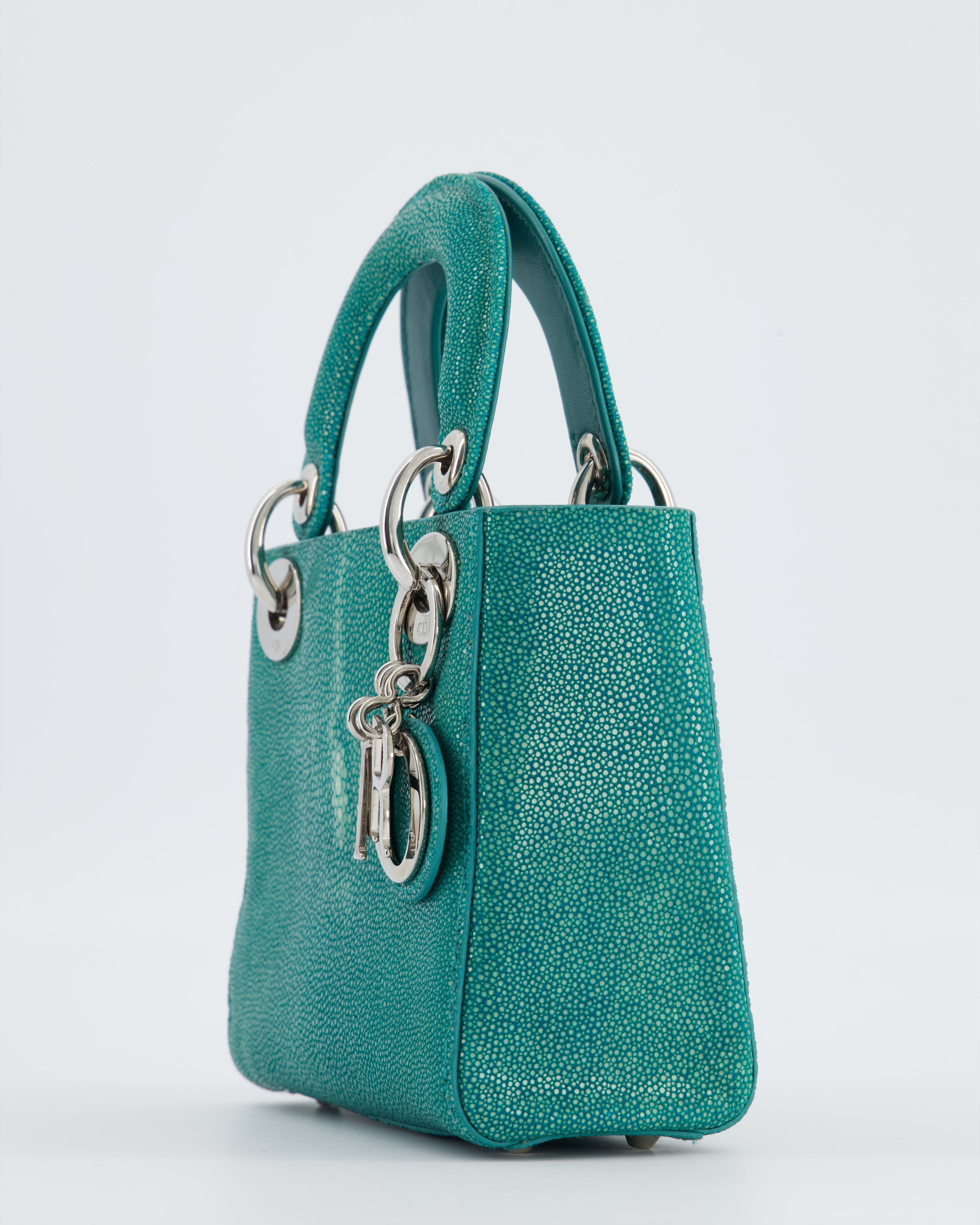 Christian Dior Mini Lady Dior Bag in Teal Stingray Leather with Silver Hardware