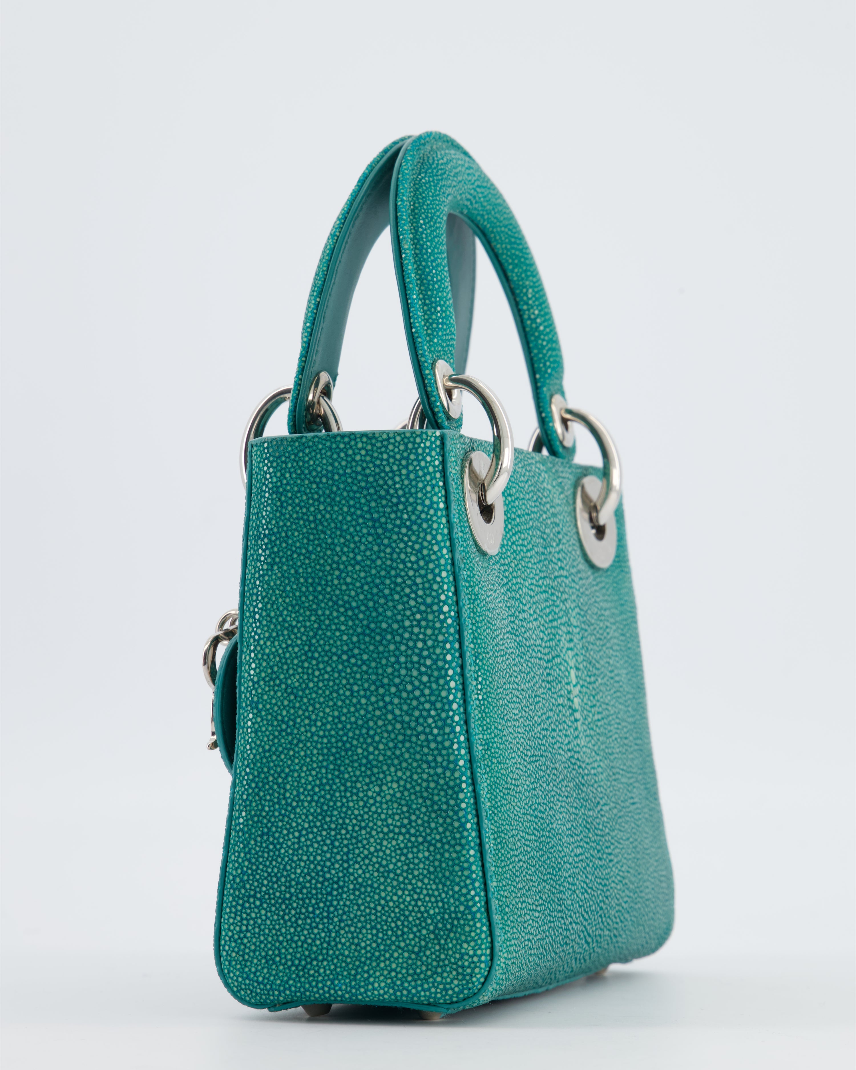 Christian Dior Mini Lady Dior Bag in Teal Stingray Leather with Silver Hardware