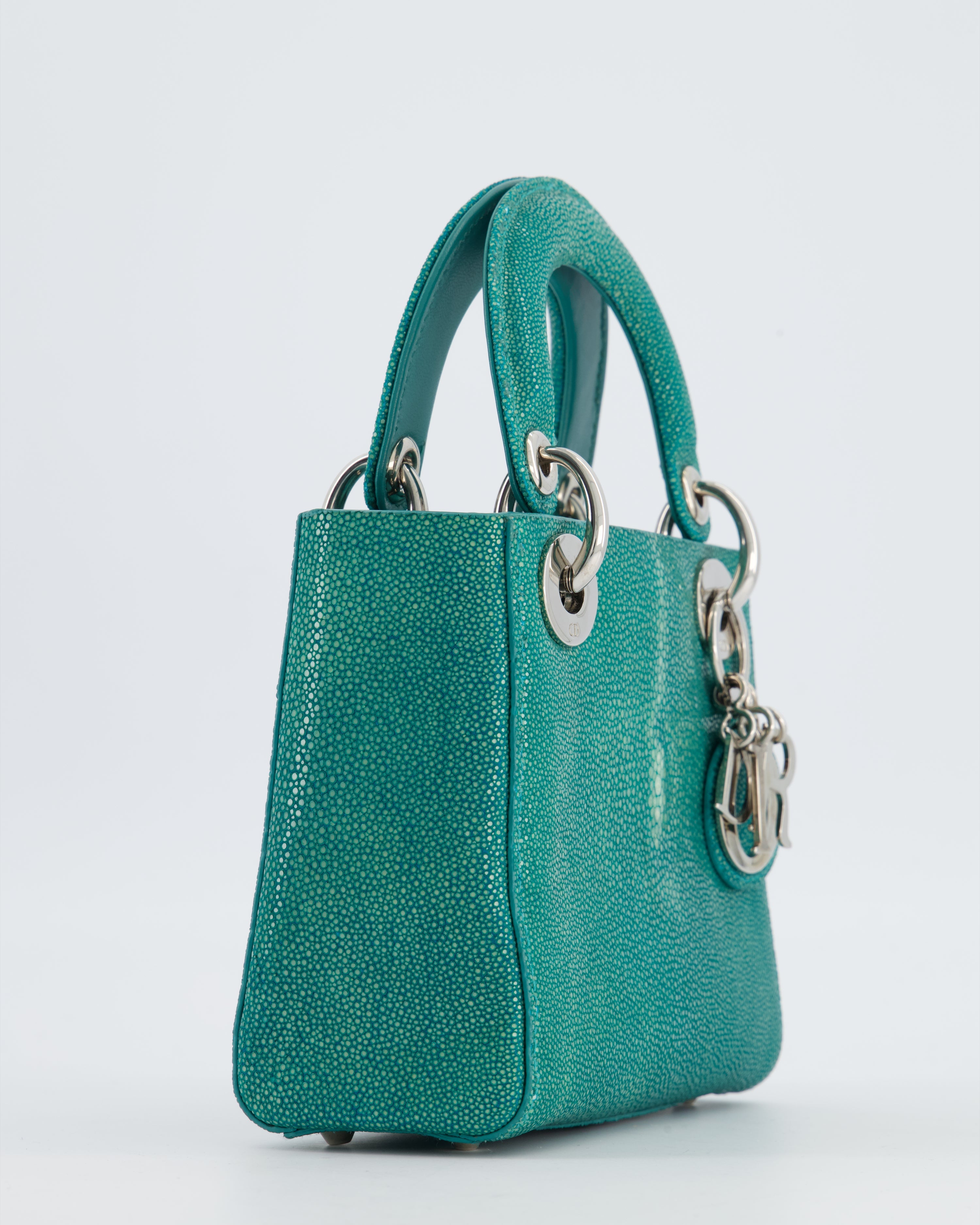 Christian Dior Mini Lady Dior Bag in Teal Stingray Leather with Silver Hardware