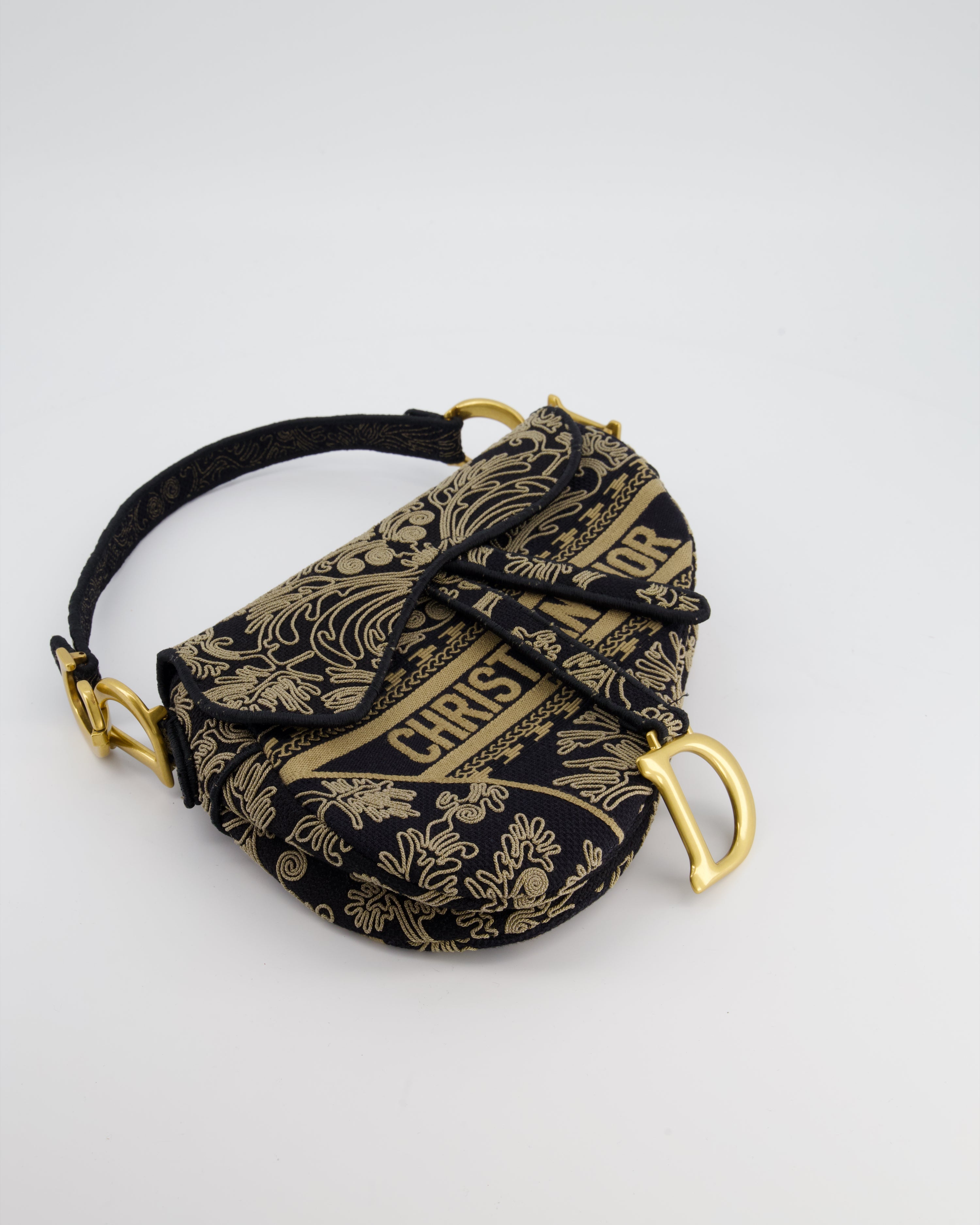 Christian Dior Blue and Beige Ornamental Embroidery Saddle Bag with Antique Gold Hardware