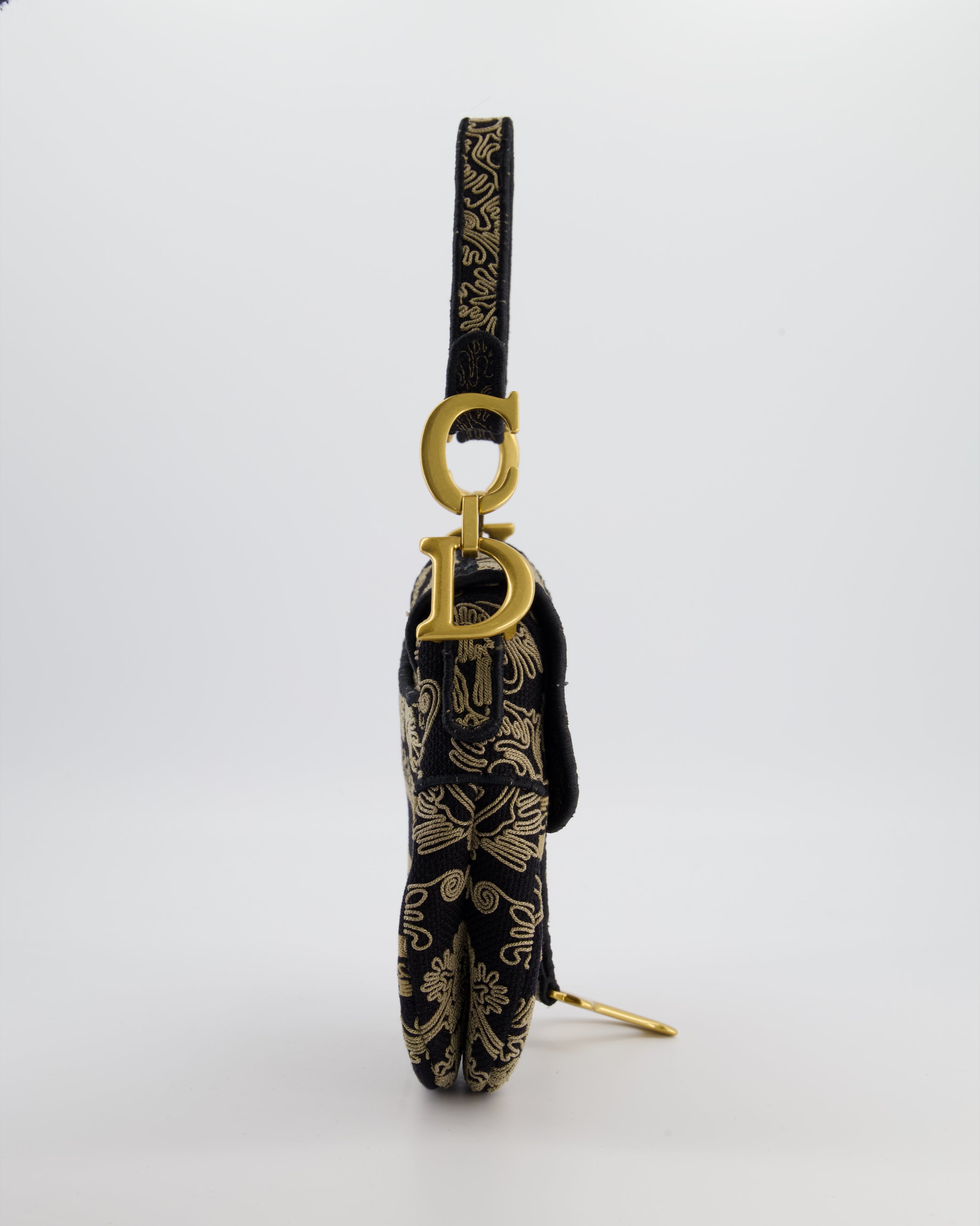Christian Dior Blue and Beige Ornamental Embroidery Saddle Bag with Antique Gold Hardware
