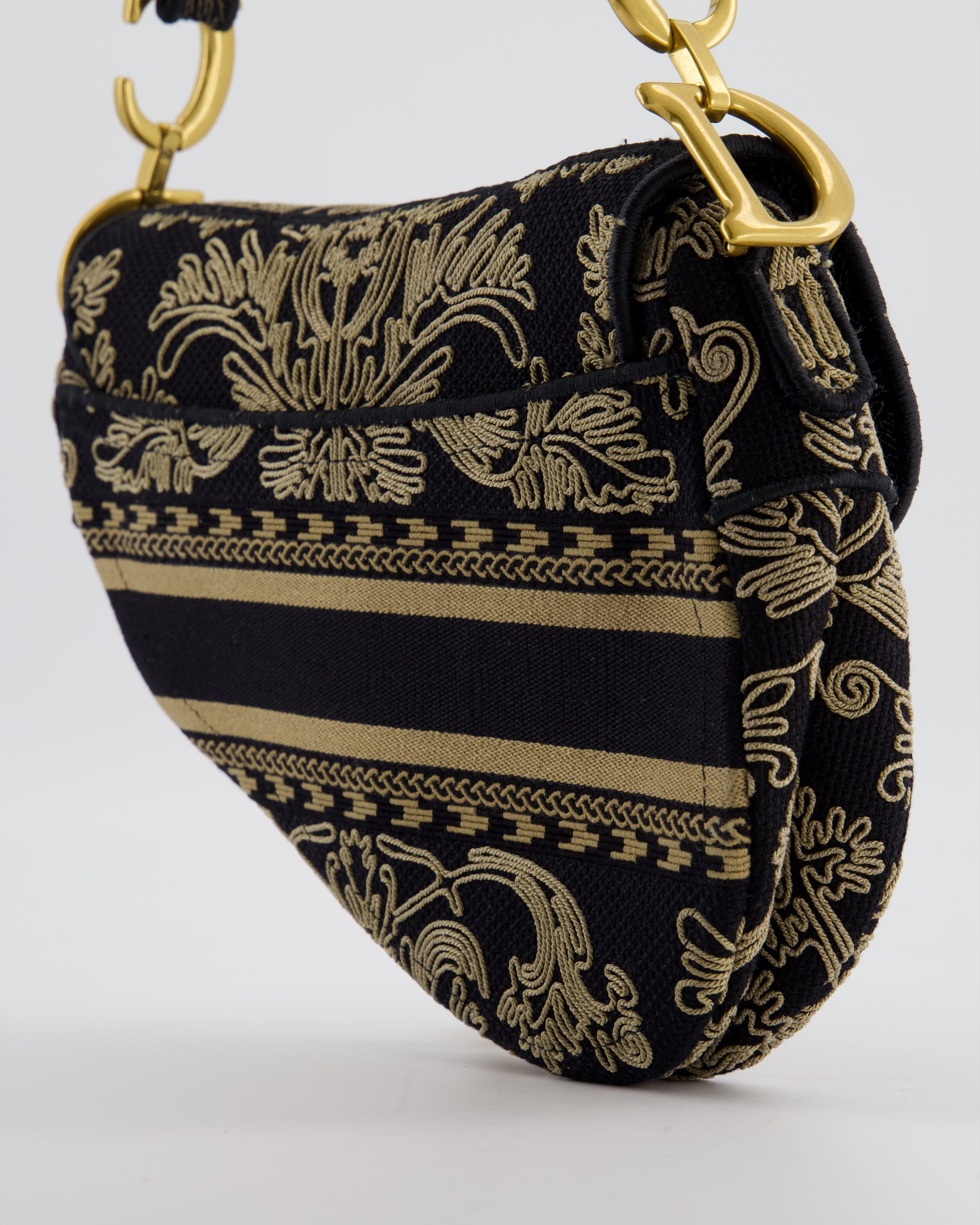Christian Dior Blue and Beige Ornamental Embroidery Saddle Bag with Antique Gold Hardware