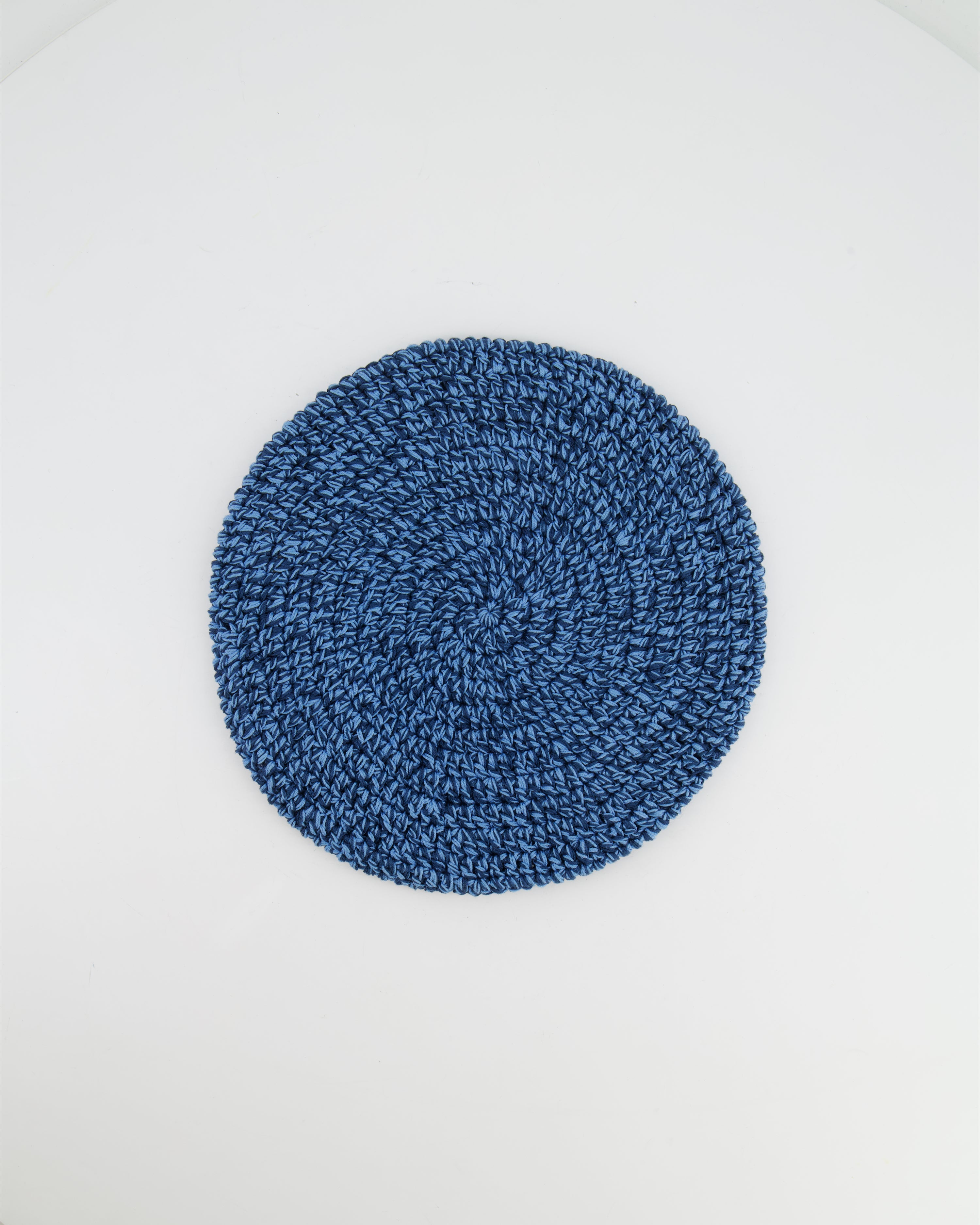 Hermès Light Blue and Navy Crochet Beret Hat with Logo Button Detail Size M