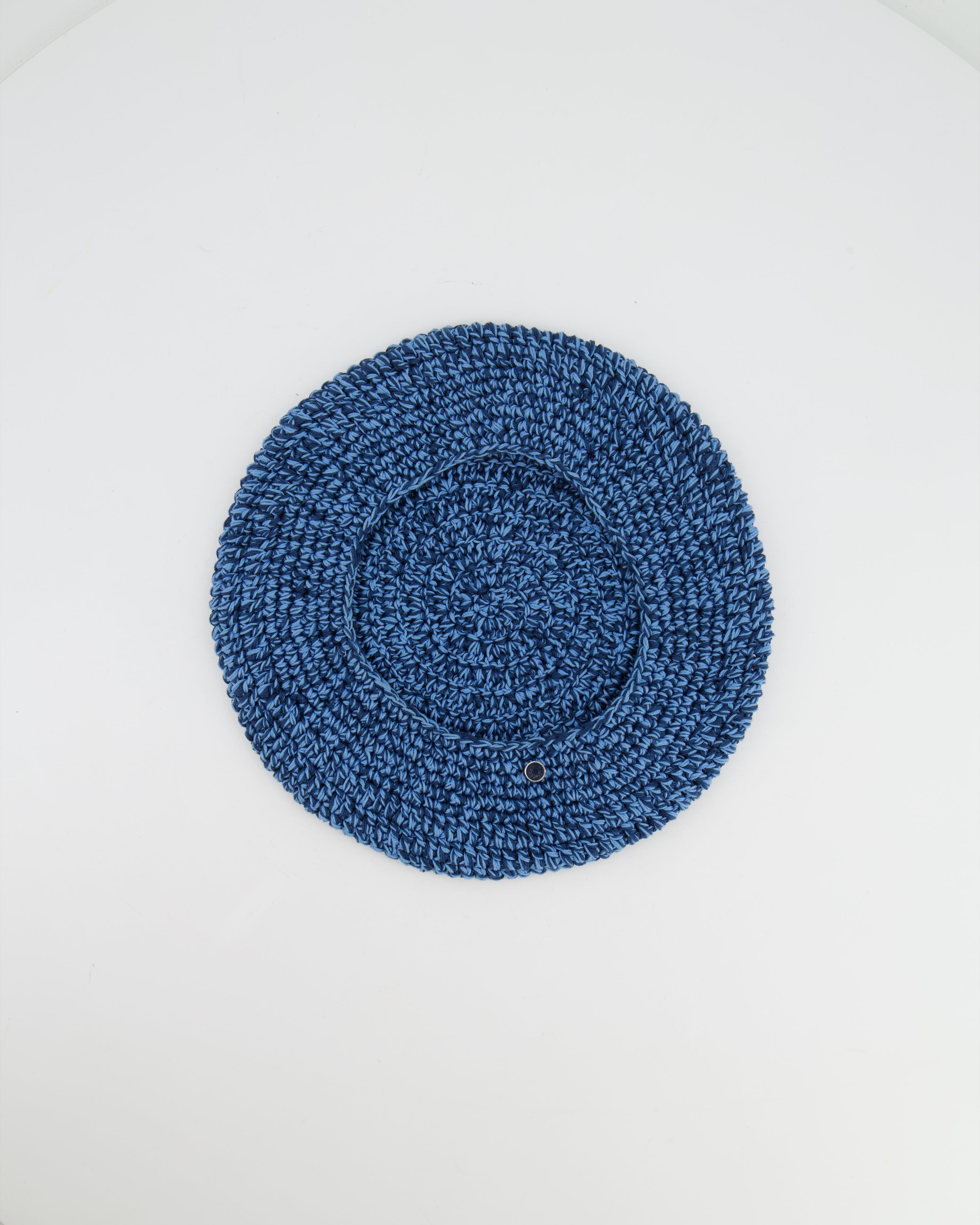 Hermès Light Blue and Navy Crochet Beret Hat with Logo Button Detail Size M