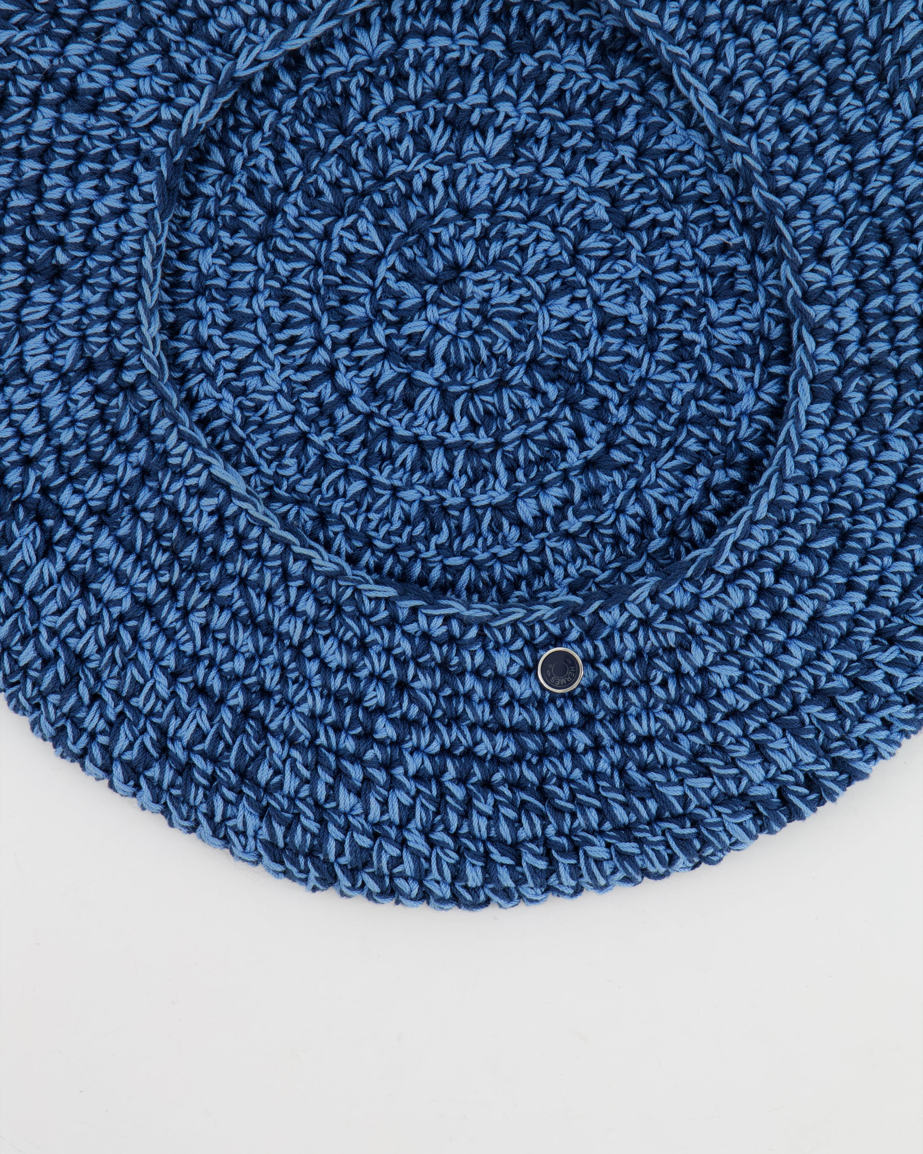Hermès Light Blue and Navy Crochet Beret Hat with Logo Button Detail Size M