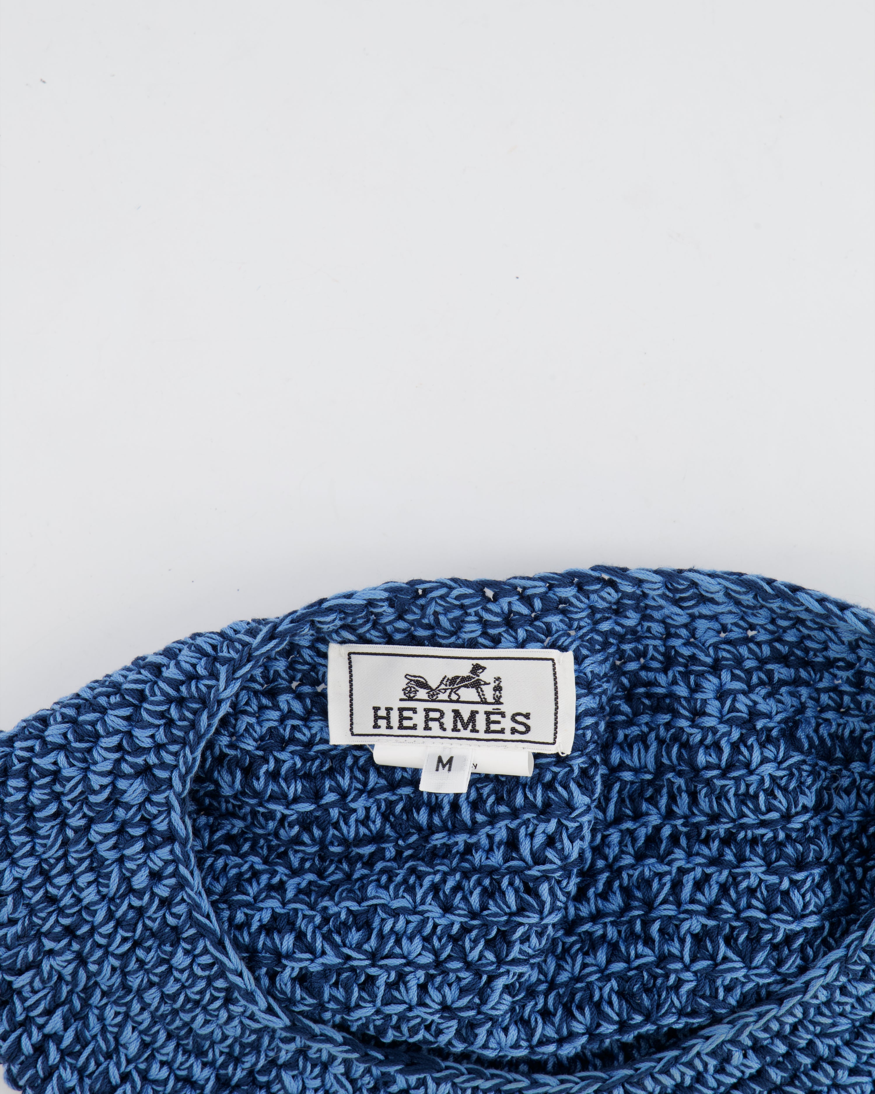 Hermès Light Blue and Navy Crochet Beret Hat with Logo Button Detail Size M