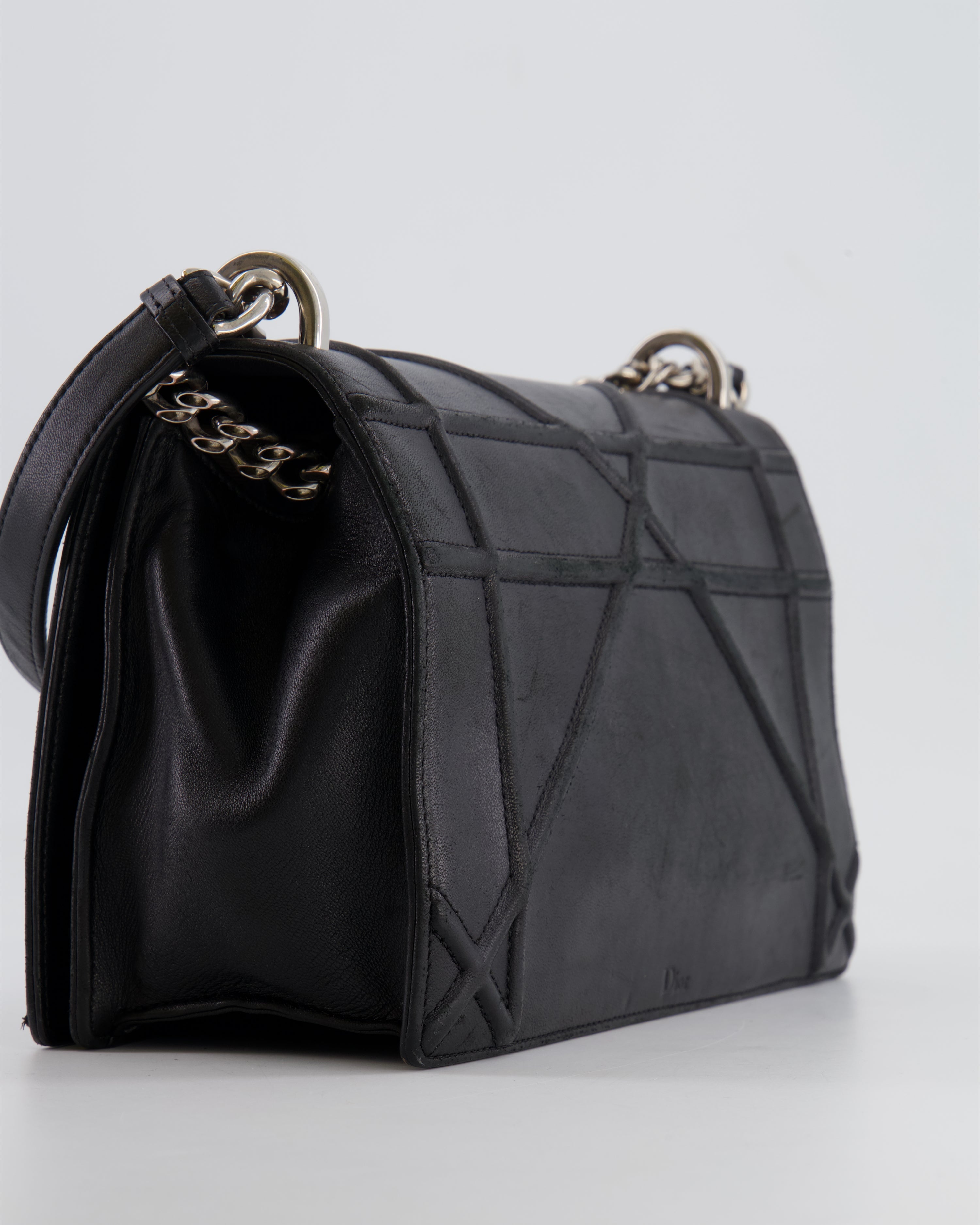 Christian Dior Black Leather Diorama Bag with Silver Hardware and Chain Strap Detail