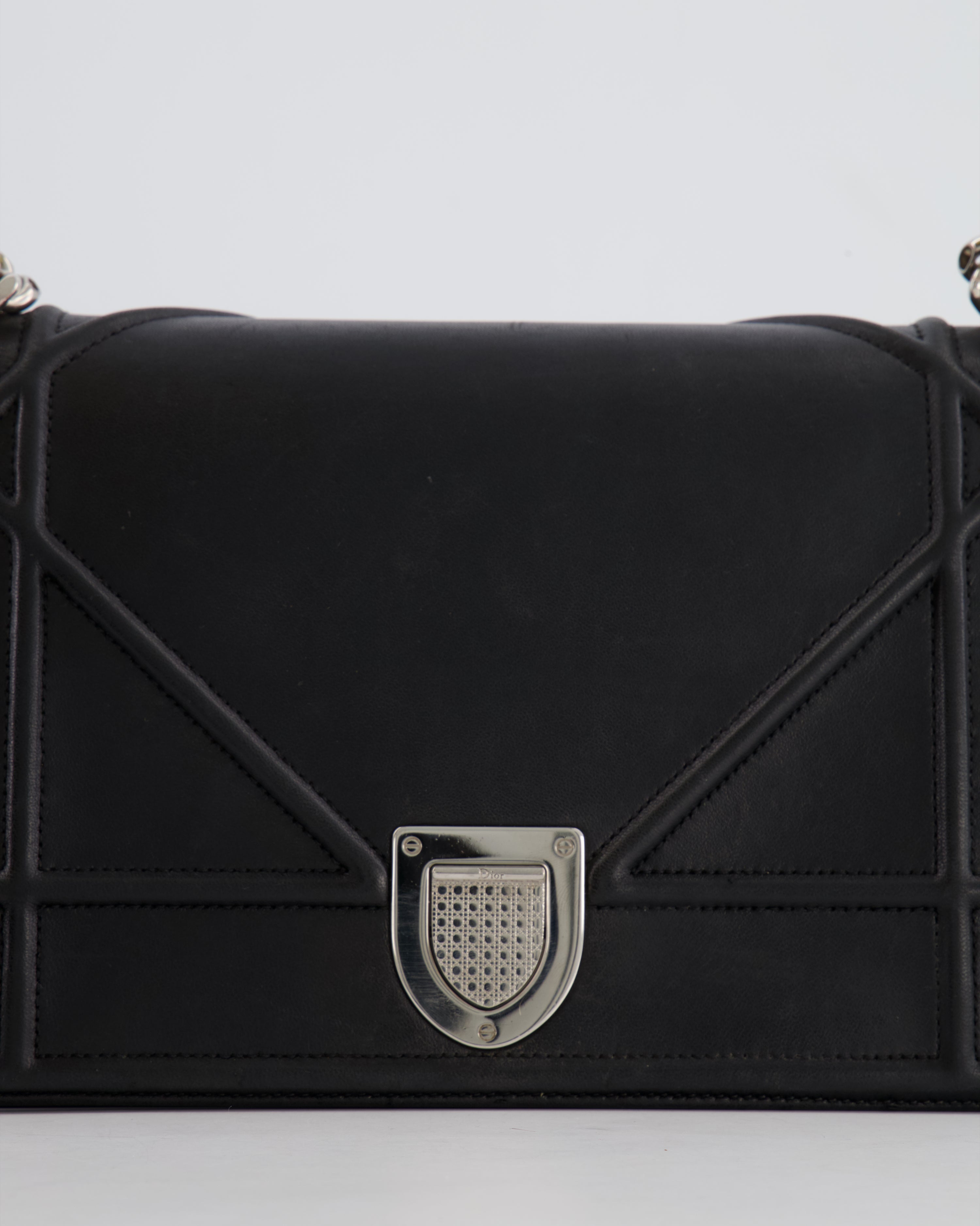 Christian Dior Black Leather Diorama Bag with Silver Hardware and Chain Strap Detail
