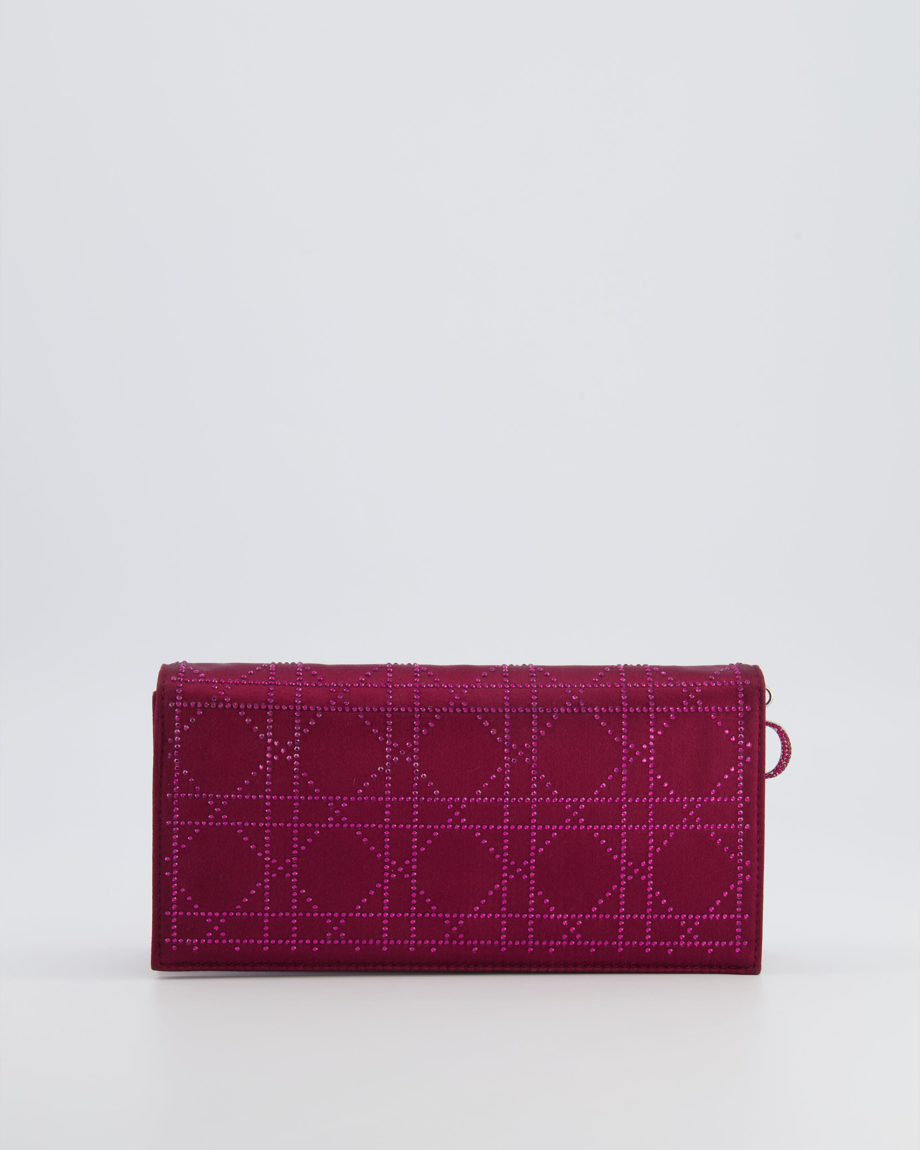 Christian Dior Burgundy Satin Crystal Embellished Cannage Chain Clutch Bag with Silver Hardware