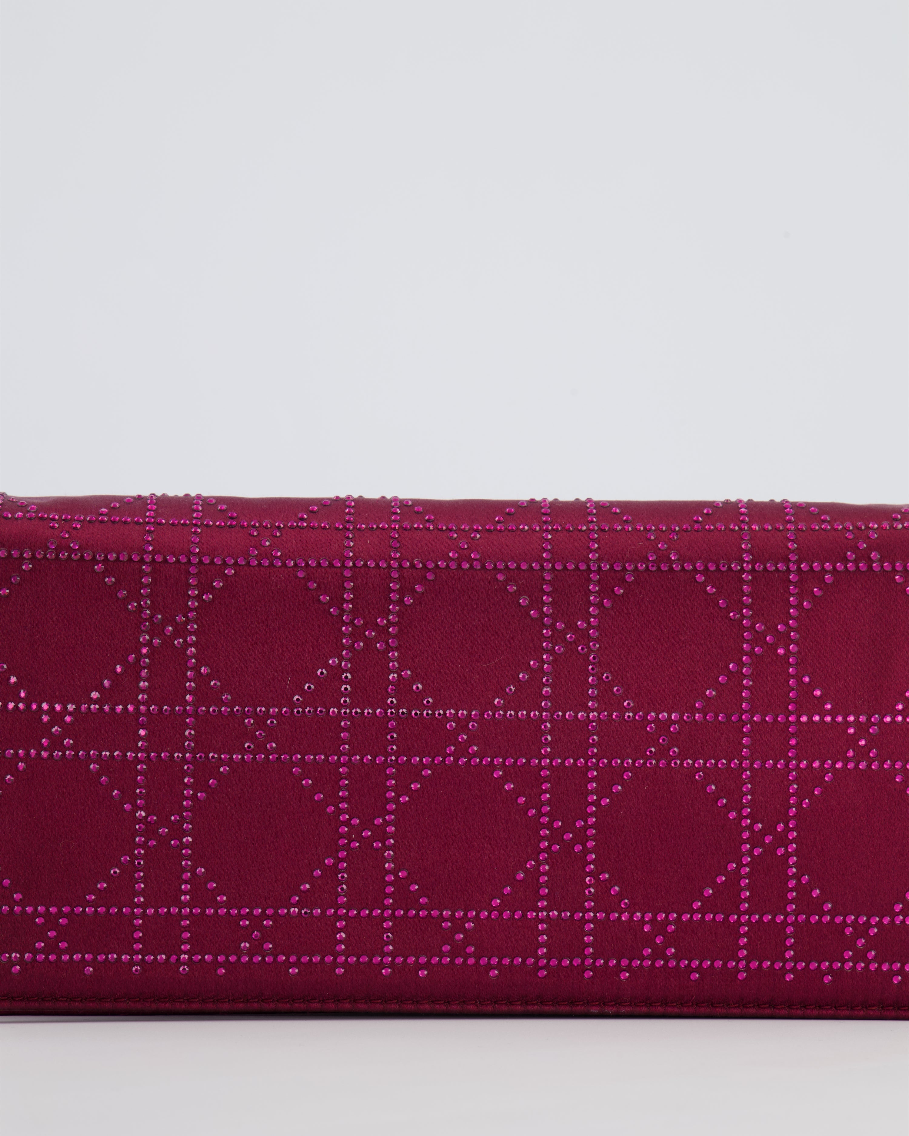 Christian Dior Burgundy Satin Crystal Embellished Cannage Chain Clutch Bag with Silver Hardware