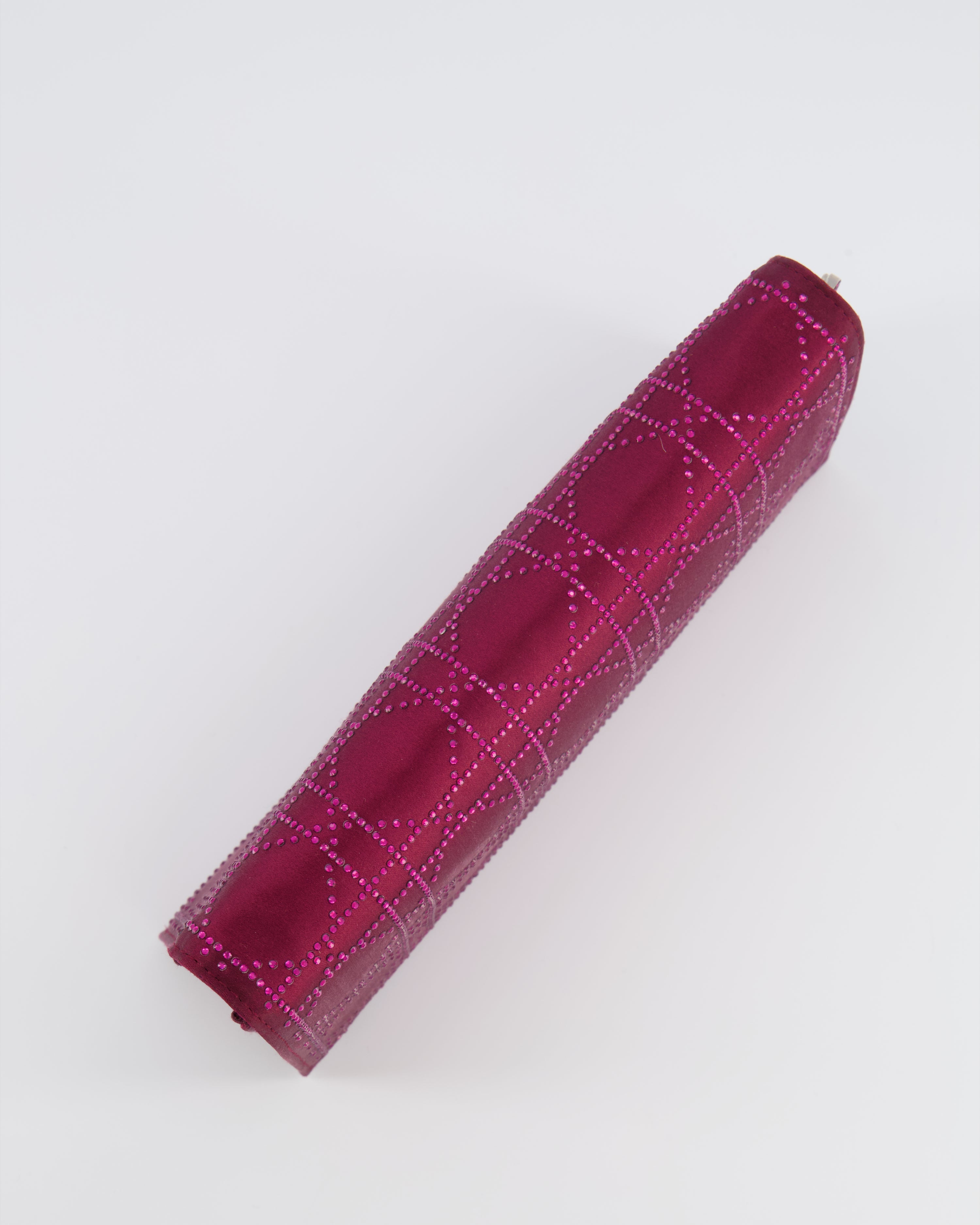 Christian Dior Burgundy Satin Crystal Embellished Cannage Chain Clutch Bag with Silver Hardware