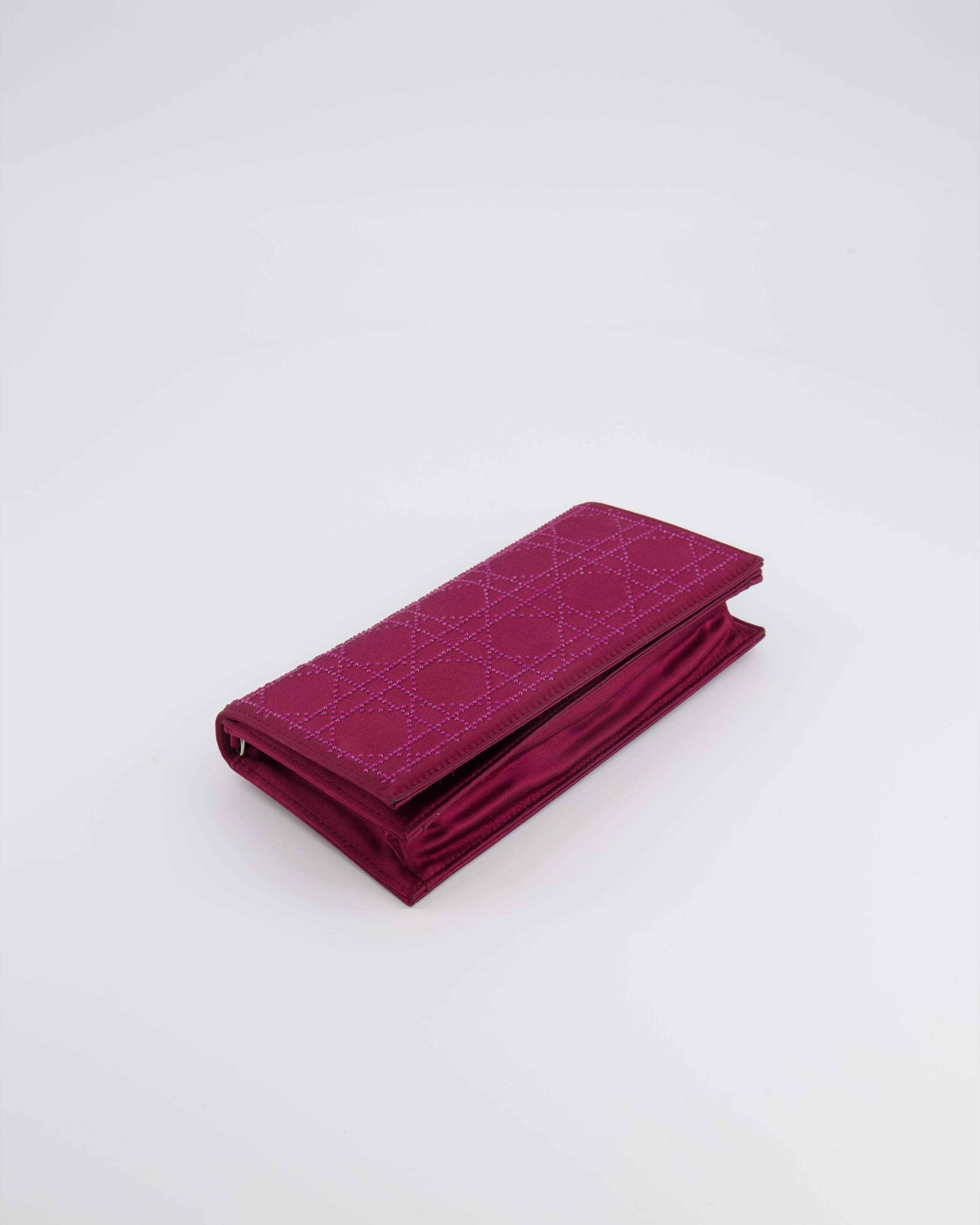 Christian Dior Burgundy Satin Crystal Embellished Cannage Chain Clutch Bag with Silver Hardware