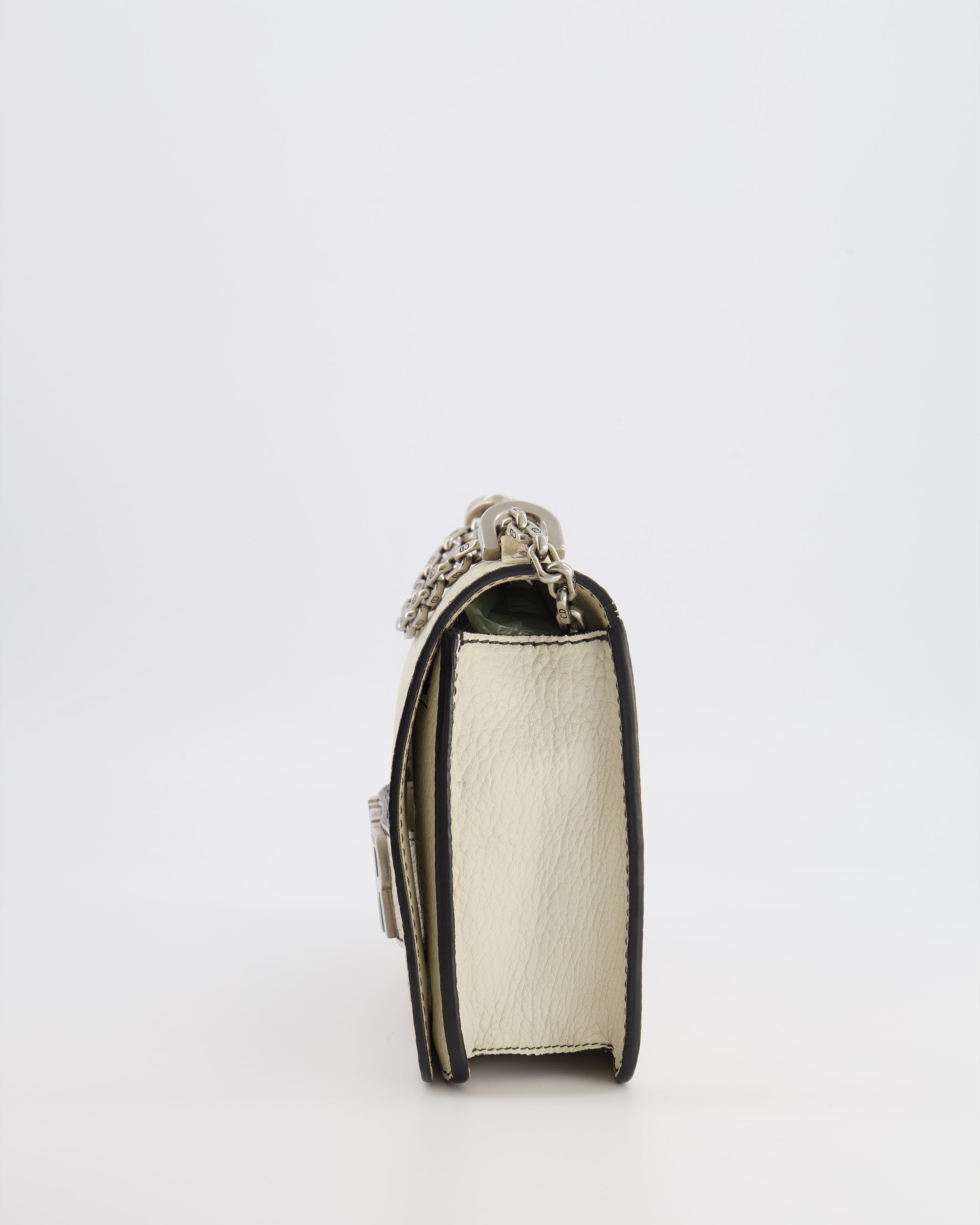 Christian Dior White Pebbled Leather J'Adior Flap Bag with Turquoise and White Logo, Silver Hardware