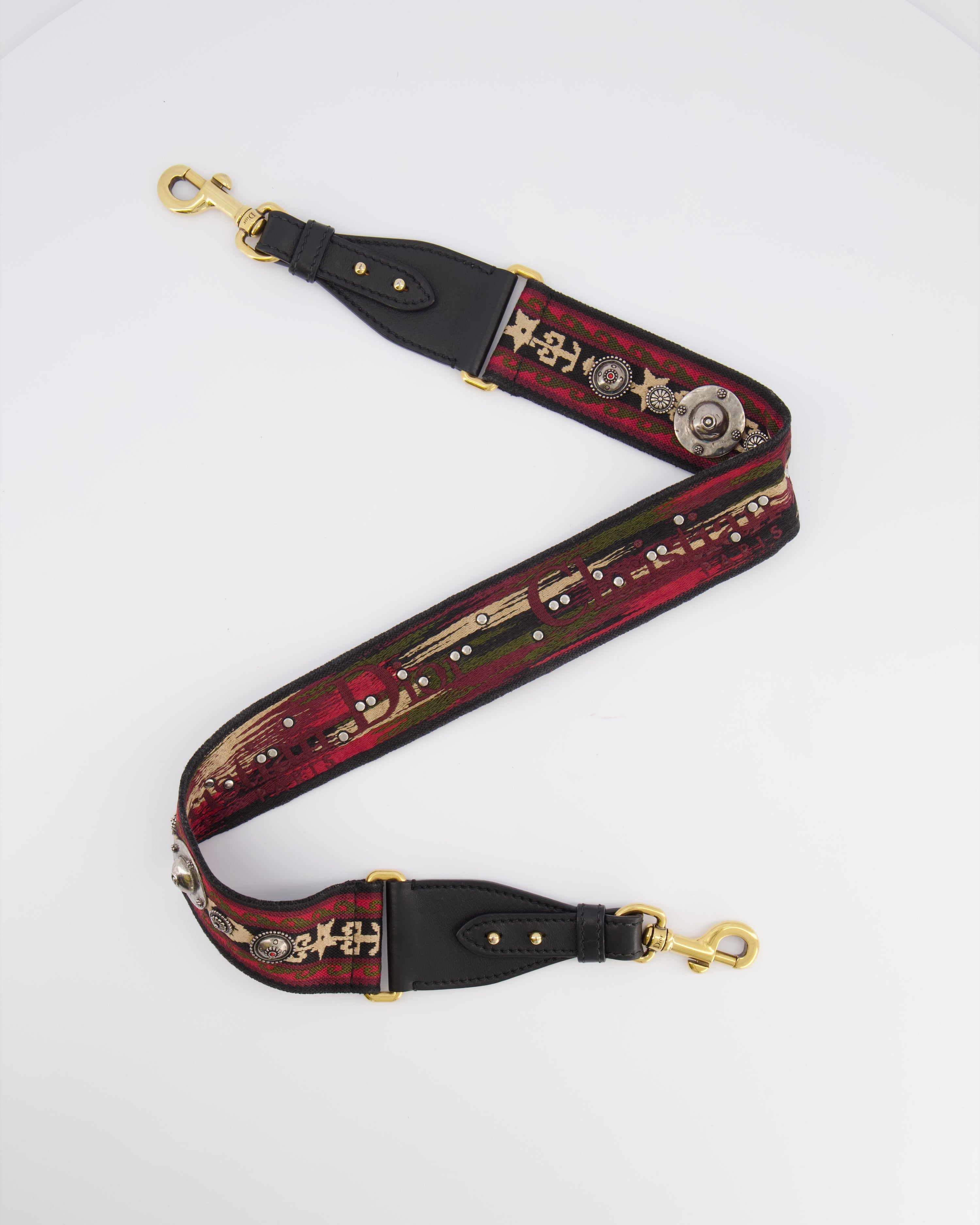 Christian Dior Red, Black and Beige Embroidered Canvas Bag Strap with Silver Studs and Gold Clasps