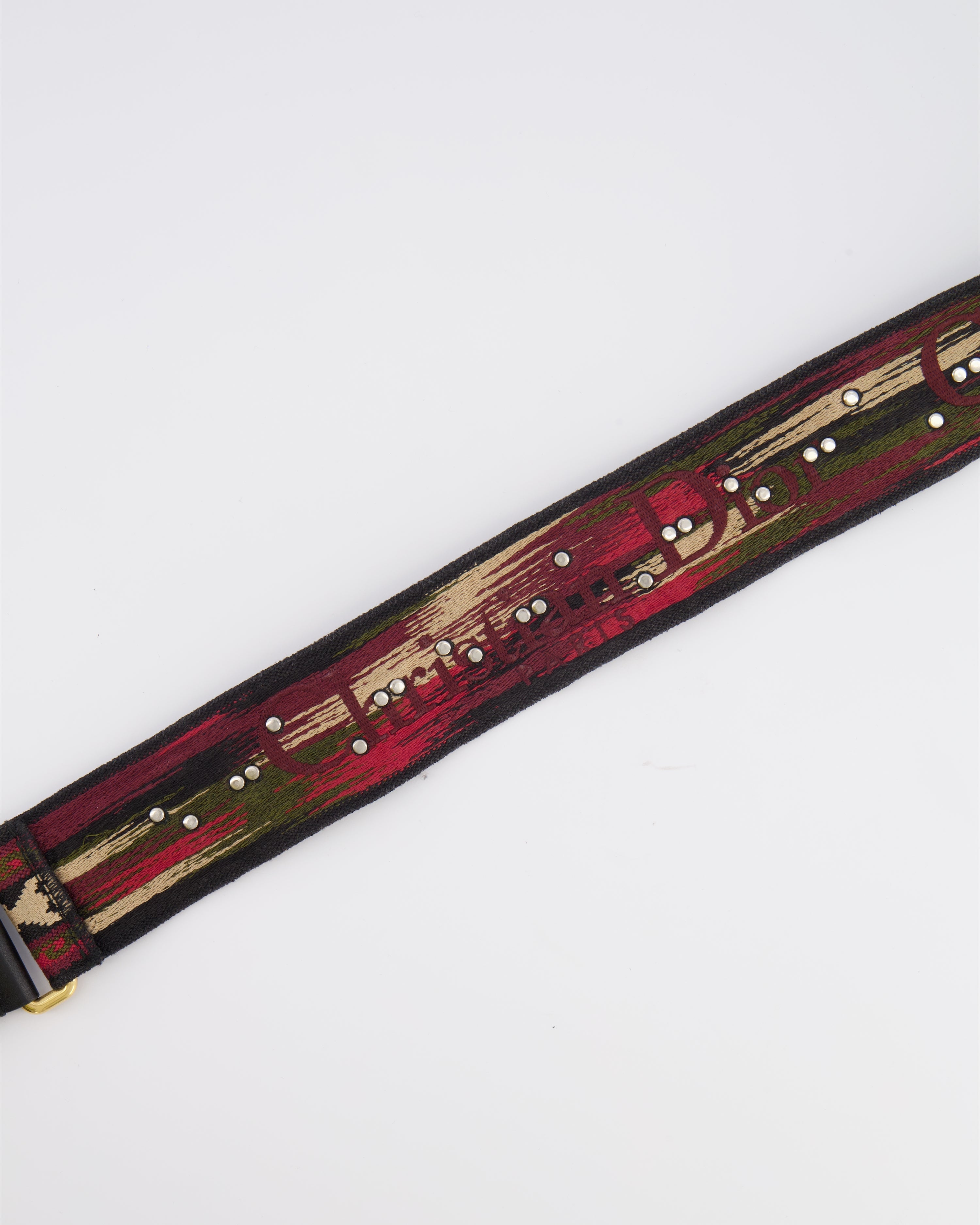 Christian Dior Red, Black and Beige Embroidered Canvas Bag Strap with Silver Studs and Gold Clasps