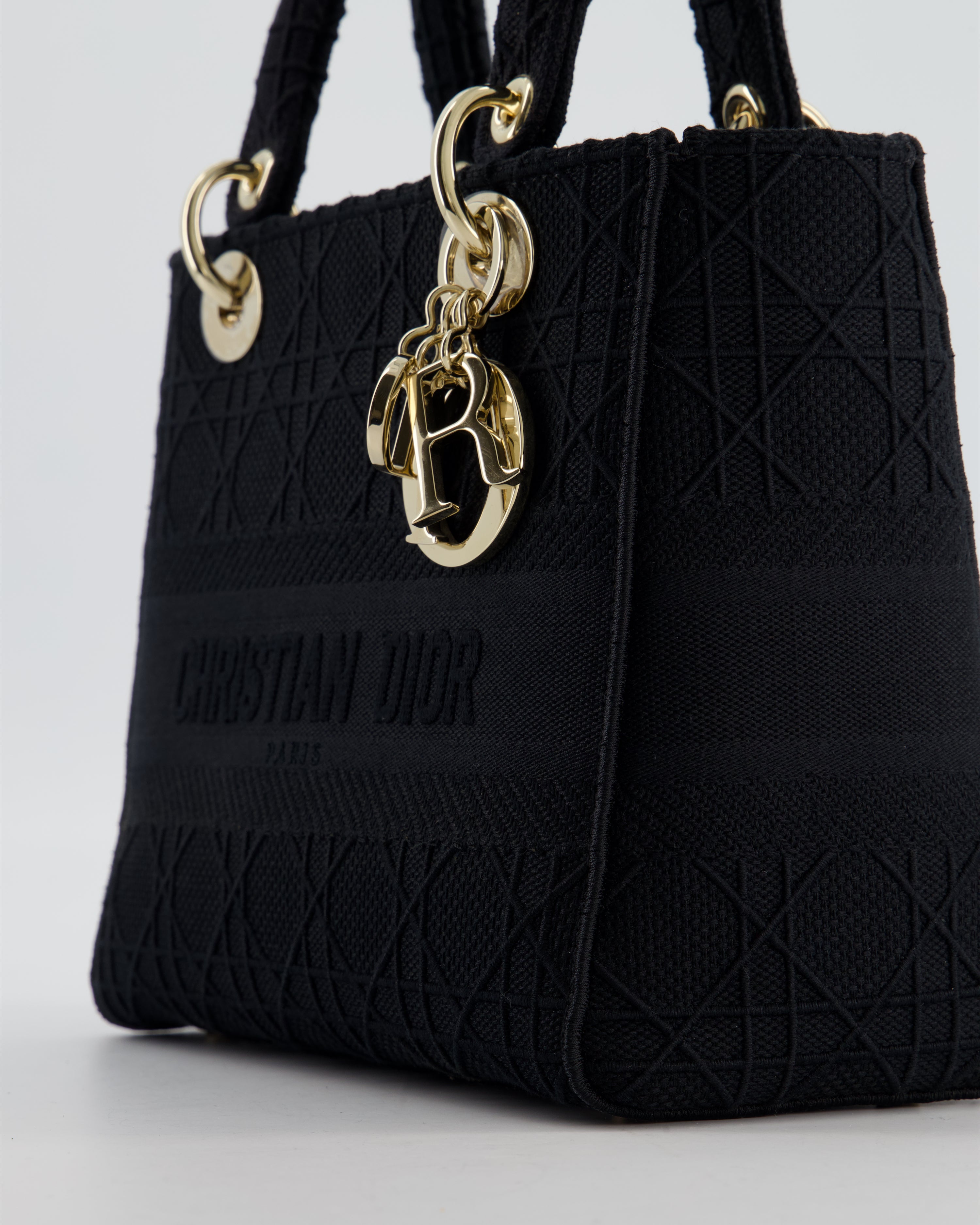 Christian Dior Black Medium Lady D-Lite Bag in Cotton Cannage Canvas with Champagne Gold Hardware RRP £4,100