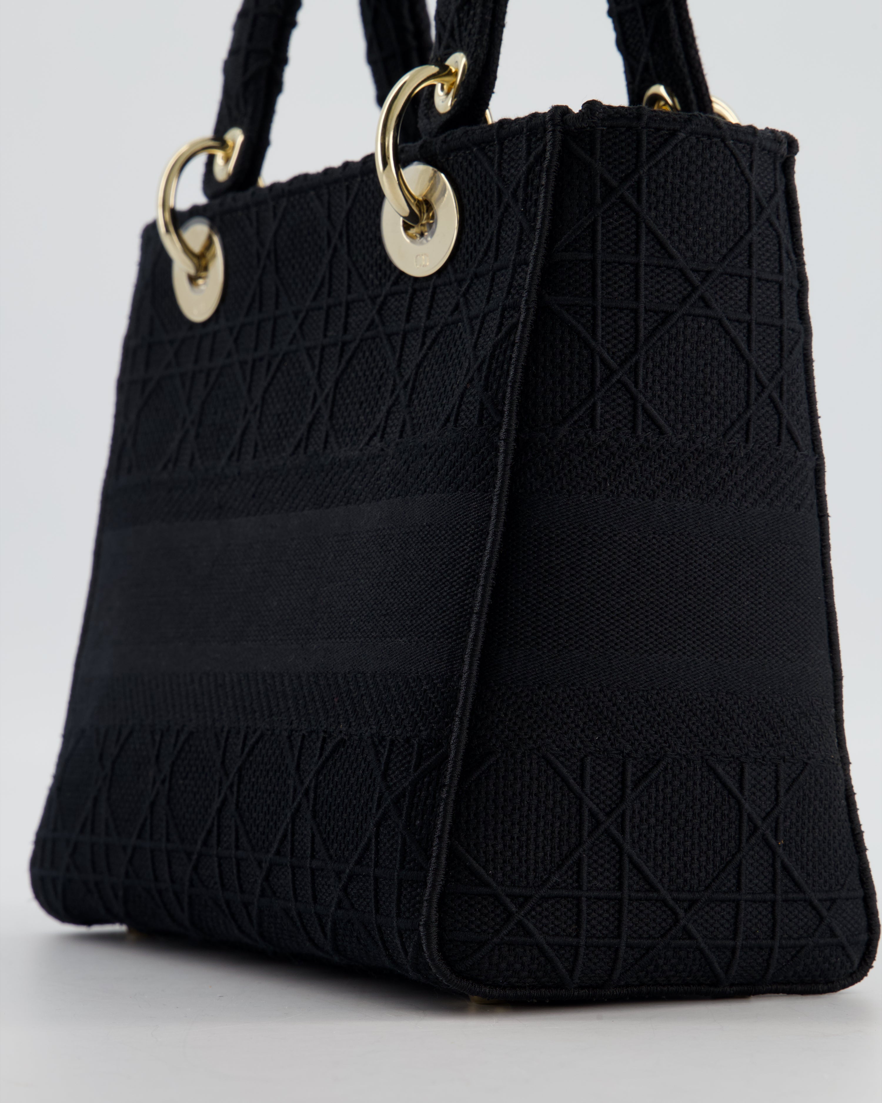 Christian Dior Black Medium Lady D-Lite Bag in Cotton Cannage Canvas with Champagne Gold Hardware RRP £4,100