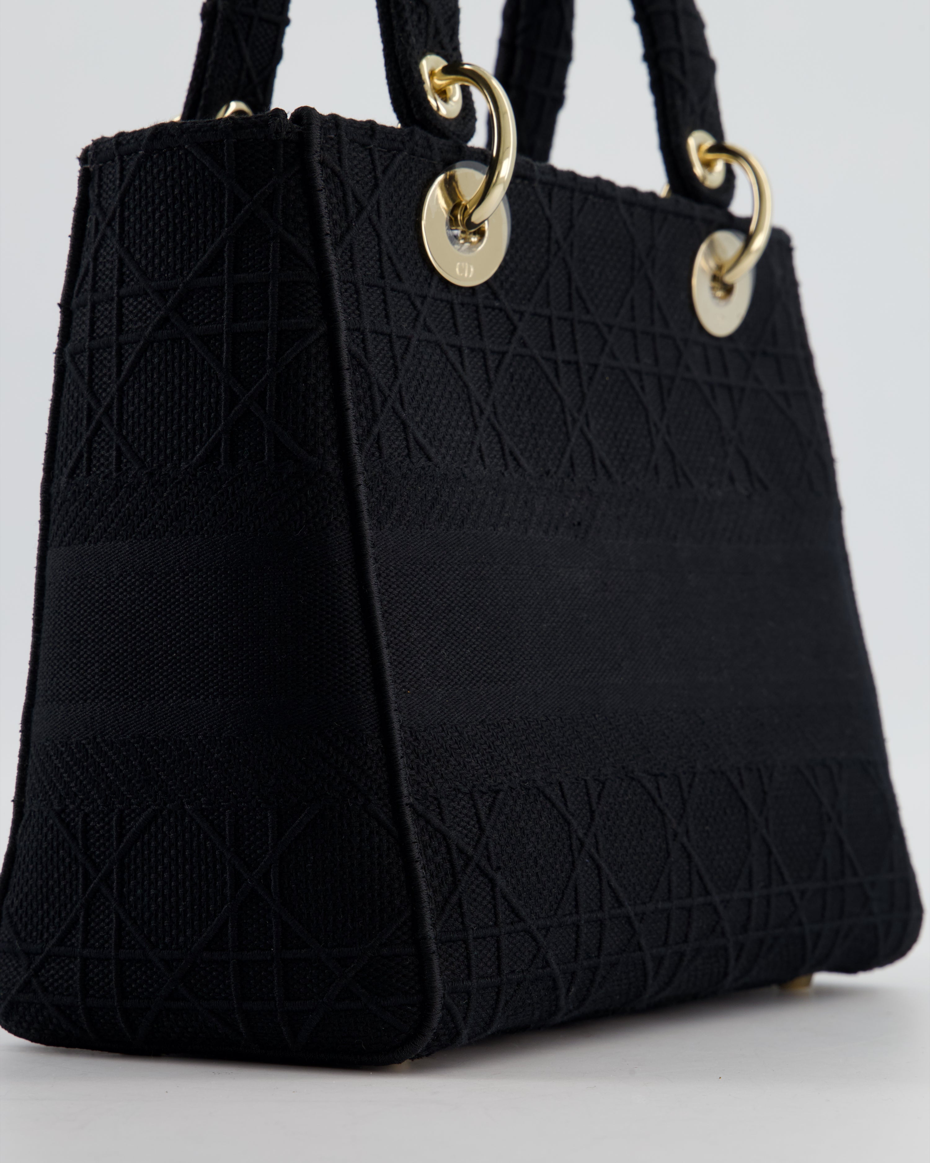 Christian Dior Black Medium Lady D-Lite Bag in Cotton Cannage Canvas with Champagne Gold Hardware RRP £4,100