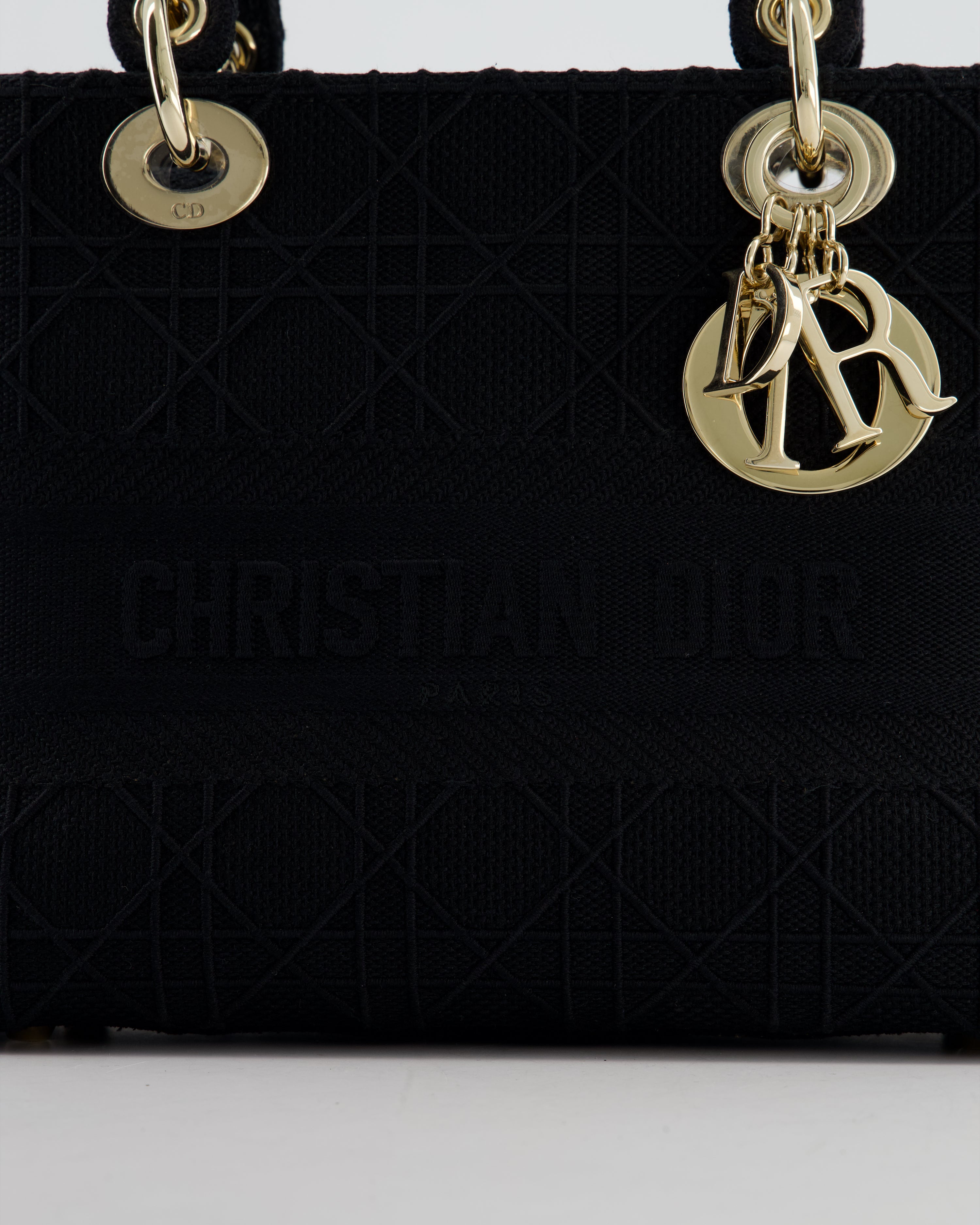 Christian Dior Black Medium Lady D-Lite Bag in Cotton Cannage Canvas with Champagne Gold Hardware RRP £4,100