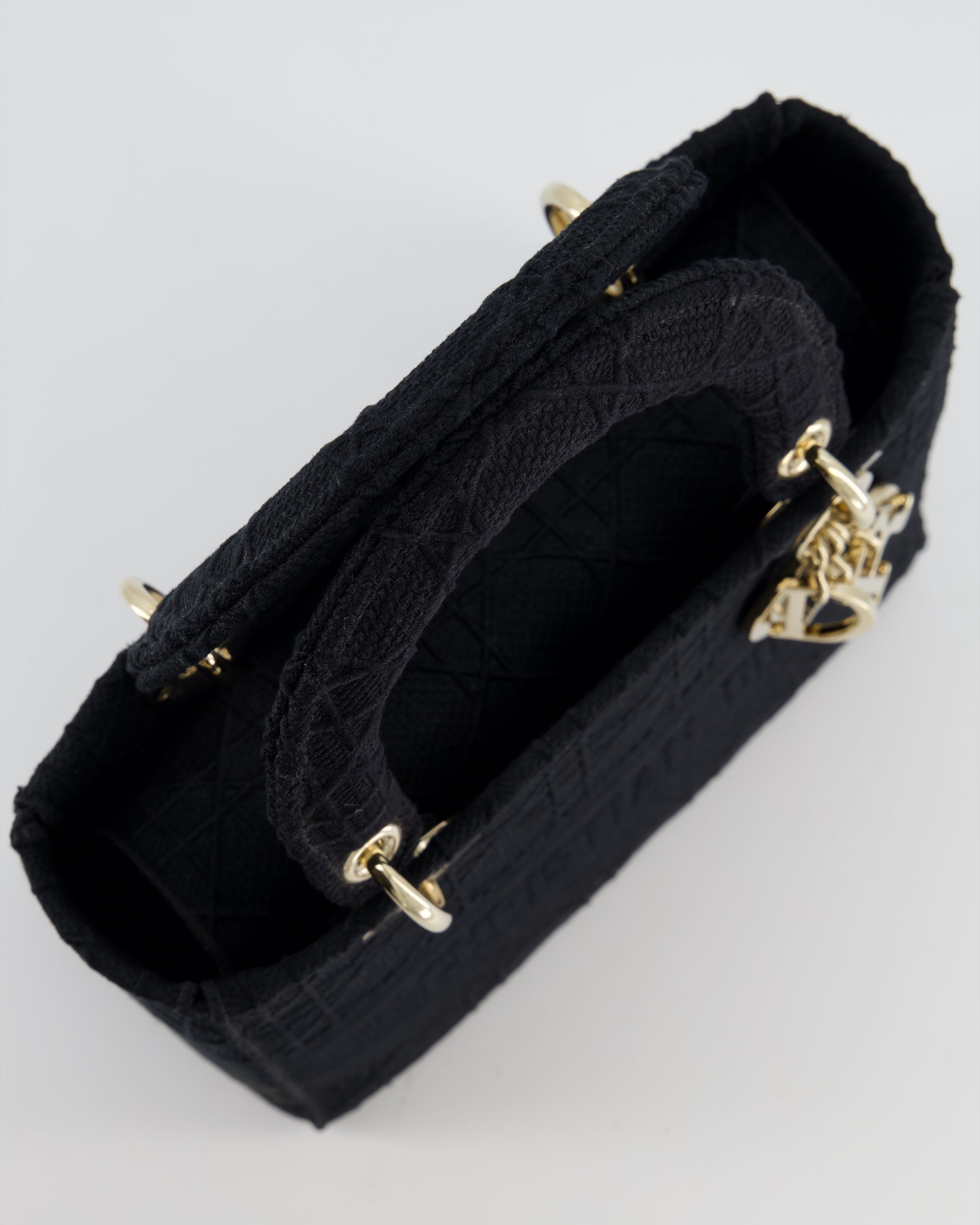 Christian Dior Black Medium Lady D-Lite Bag in Cotton Cannage Canvas with Champagne Gold Hardware RRP £4,100