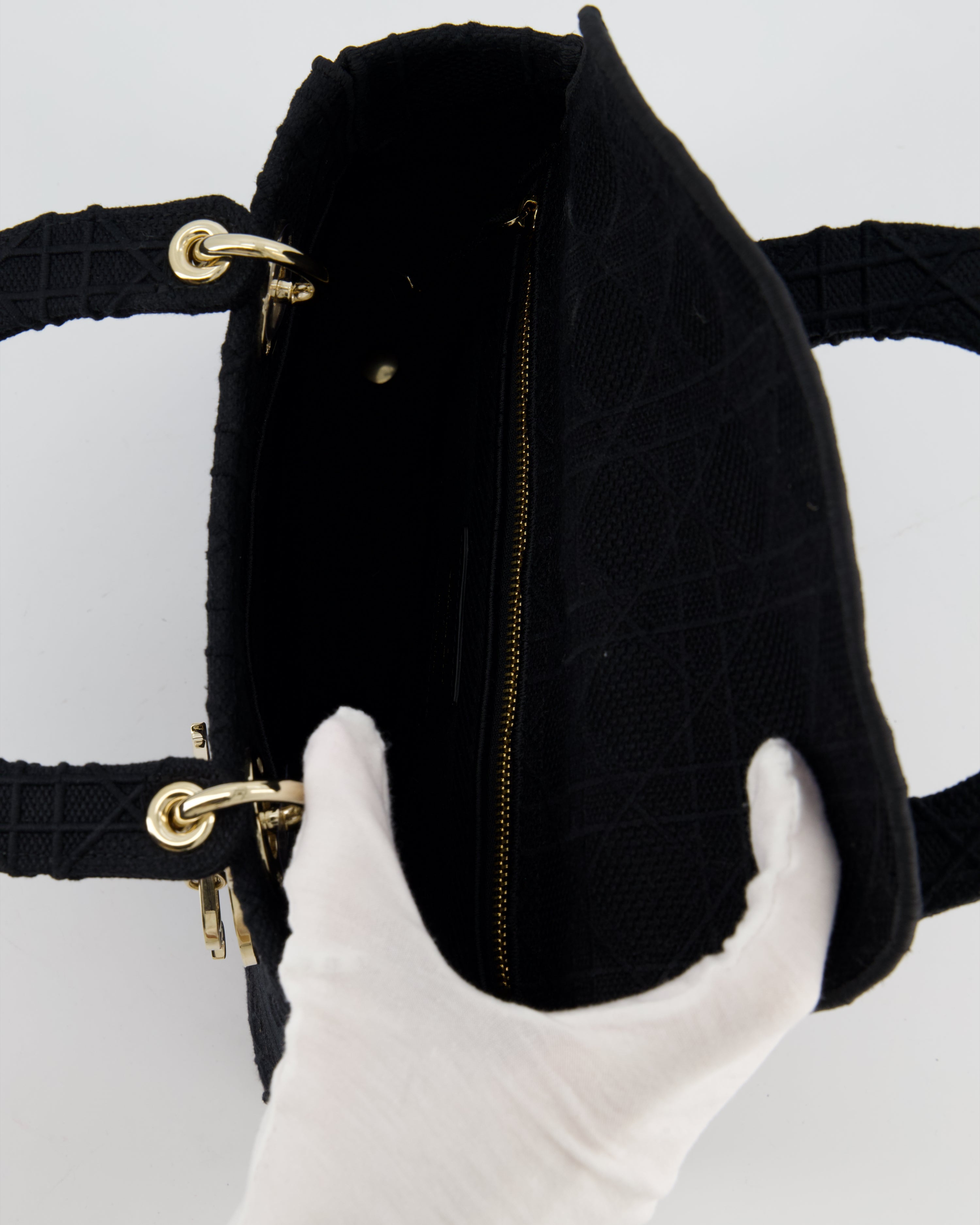 Christian Dior Black Medium Lady D-Lite Bag in Cotton Cannage Canvas with Champagne Gold Hardware RRP £4,100