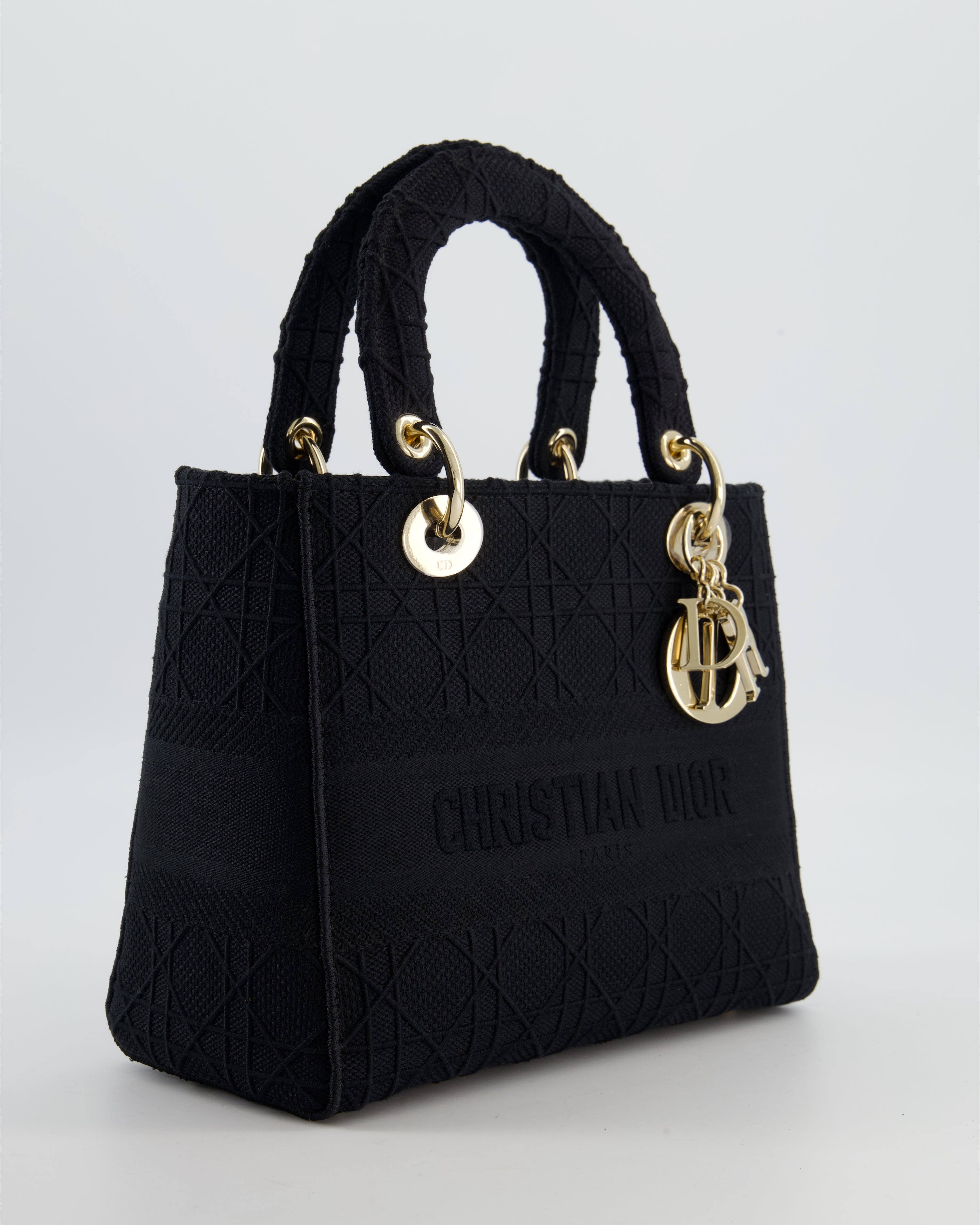 Christian Dior Black Medium Lady D-Lite Bag in Cotton Cannage Canvas with Champagne Gold Hardware RRP £4,100