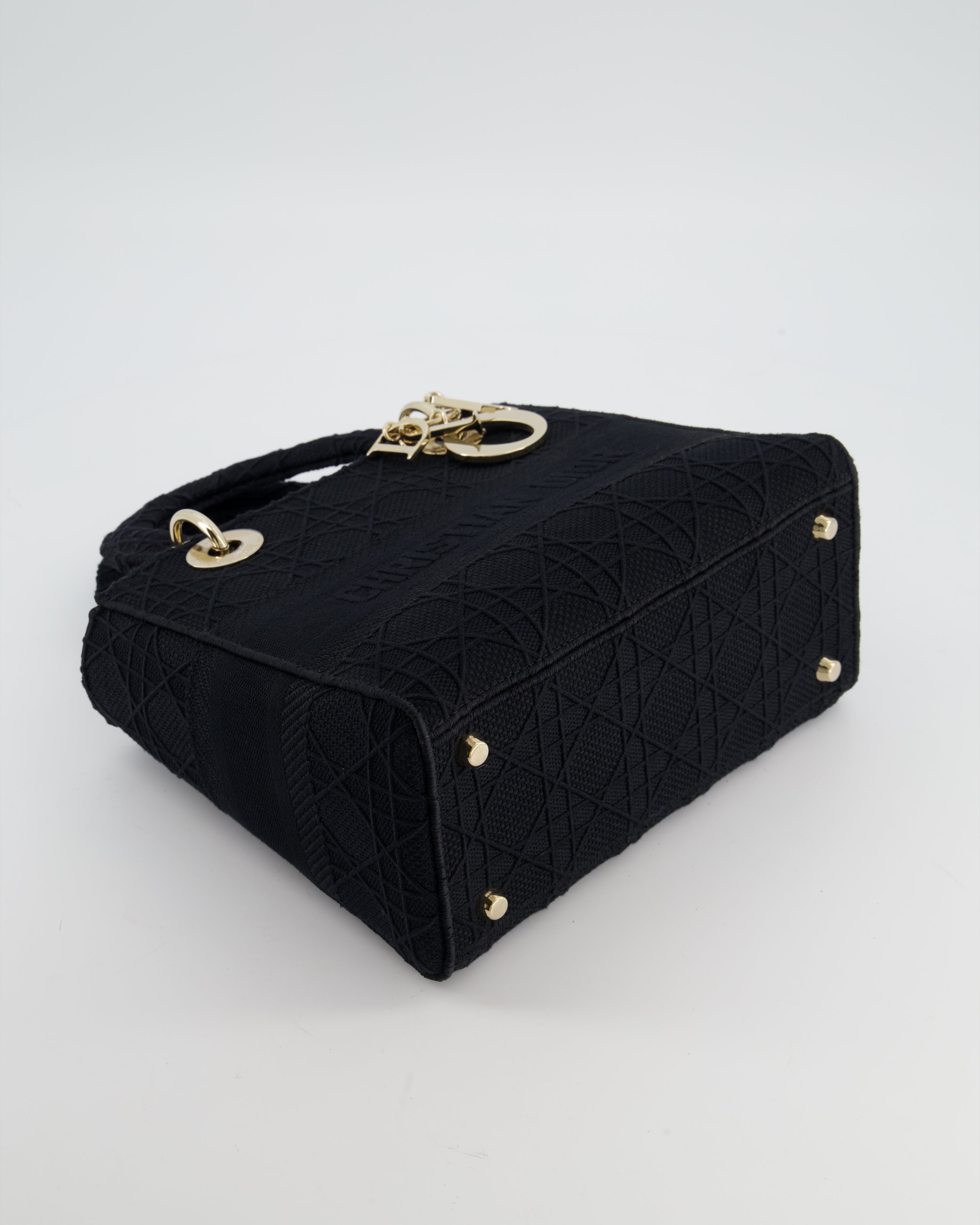 Christian Dior Black Medium Lady D-Lite Bag in Cotton Cannage Canvas with Champagne Gold Hardware RRP £4,100