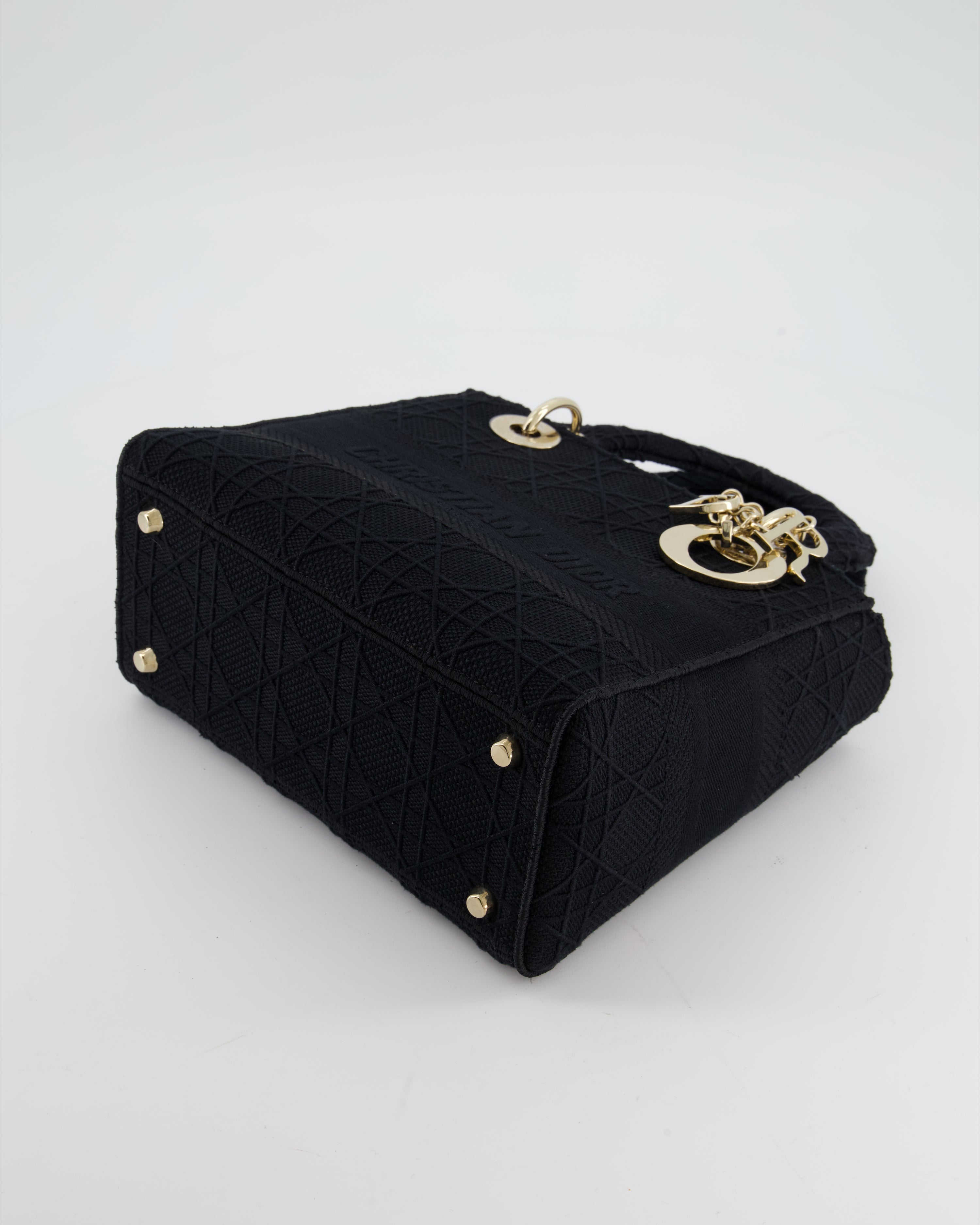 Christian Dior Black Medium Lady D-Lite Bag in Cotton Cannage Canvas with Champagne Gold Hardware RRP £4,100