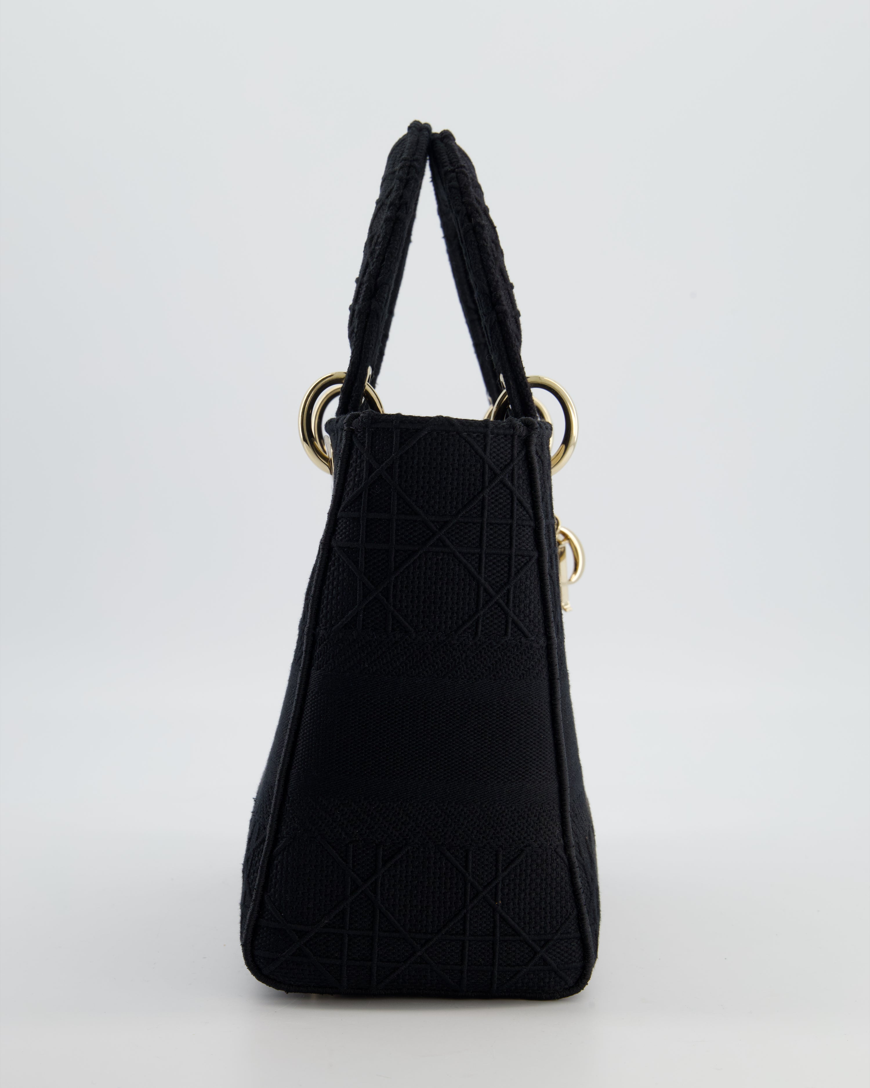 Christian Dior Black Medium Lady D-Lite Bag in Cotton Cannage Canvas with Champagne Gold Hardware RRP £4,100