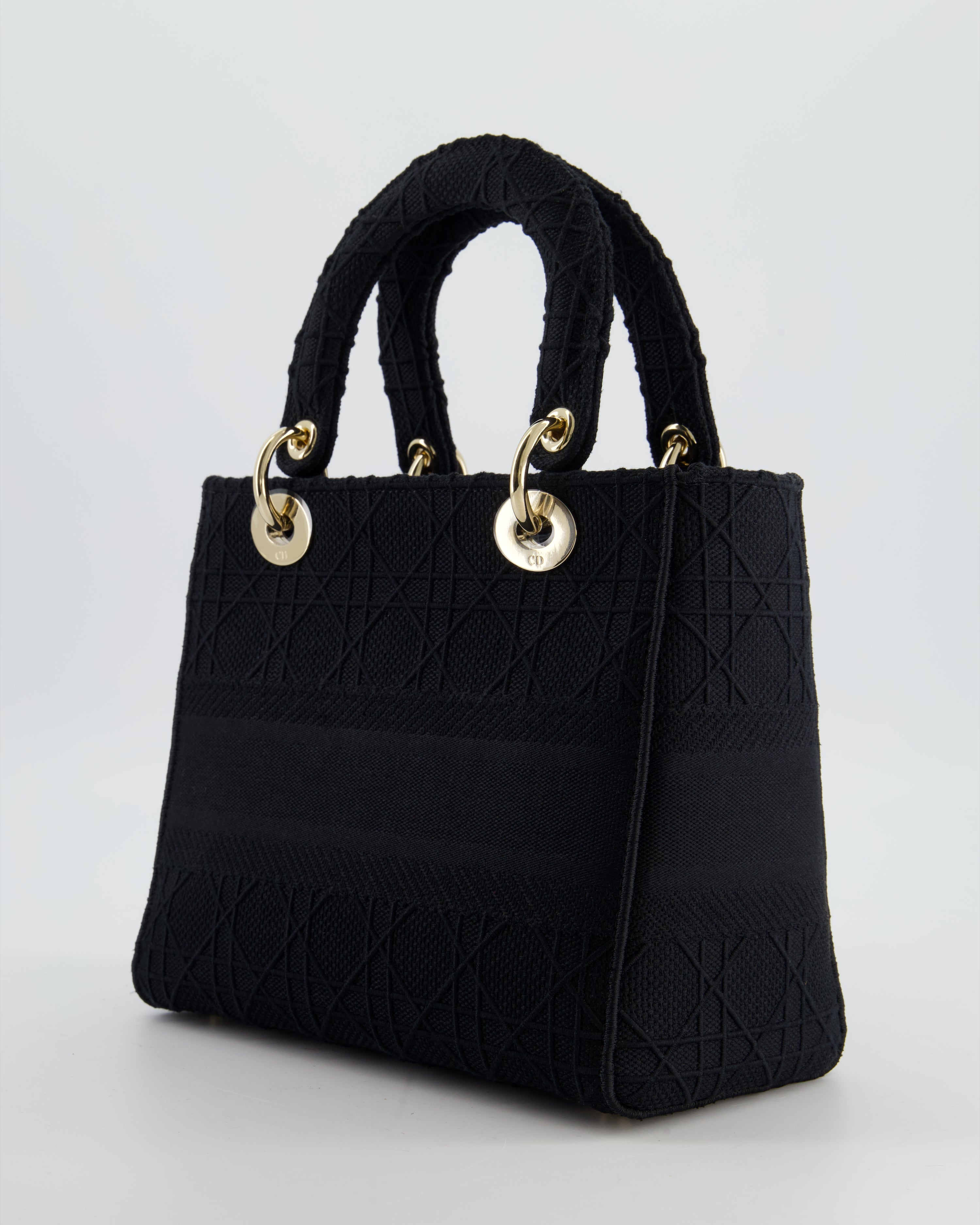 Christian Dior Black Medium Lady D-Lite Bag in Cotton Cannage Canvas with Champagne Gold Hardware RRP £4,100