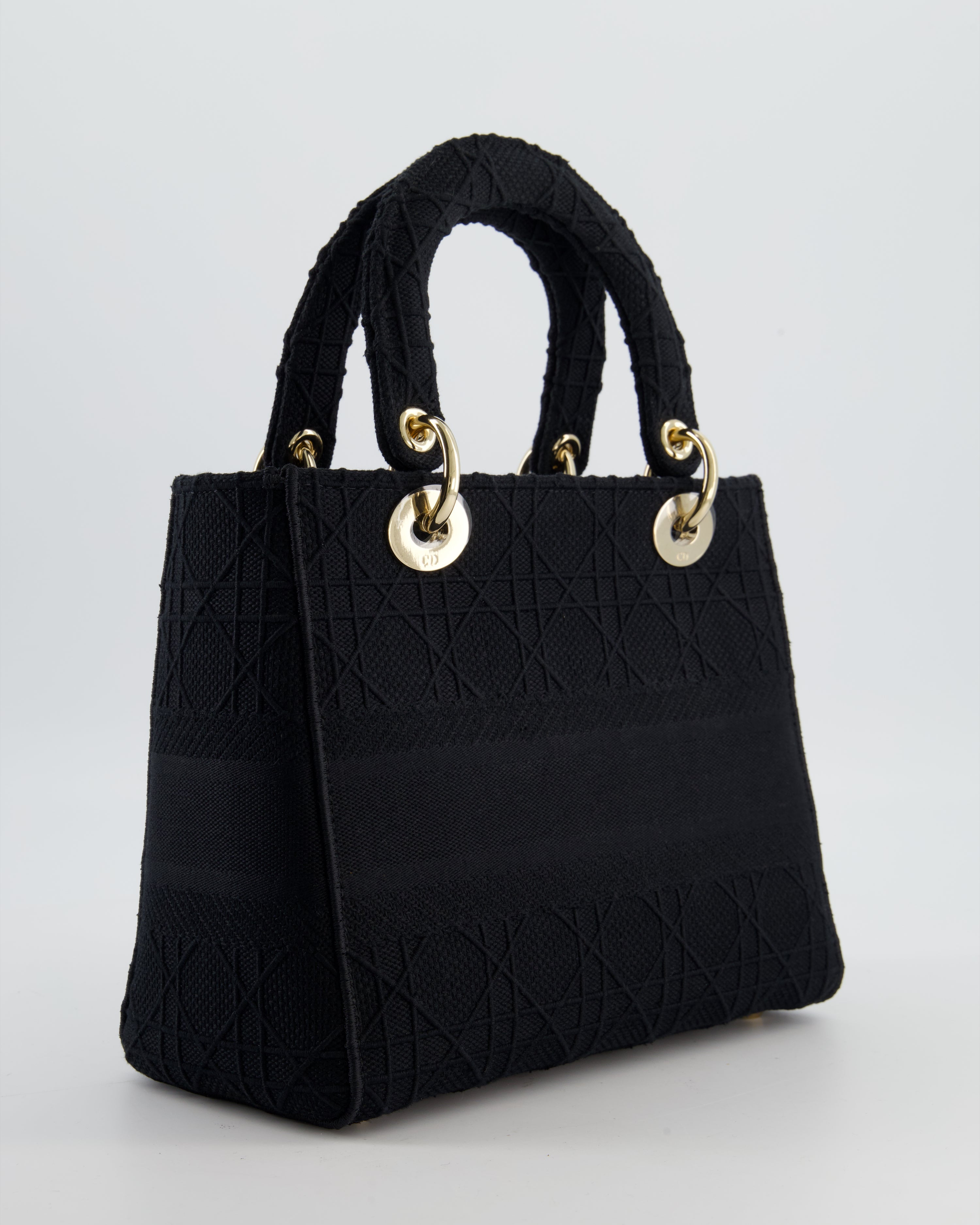 Christian Dior Black Medium Lady D-Lite Bag in Cotton Cannage Canvas with Champagne Gold Hardware RRP £4,100