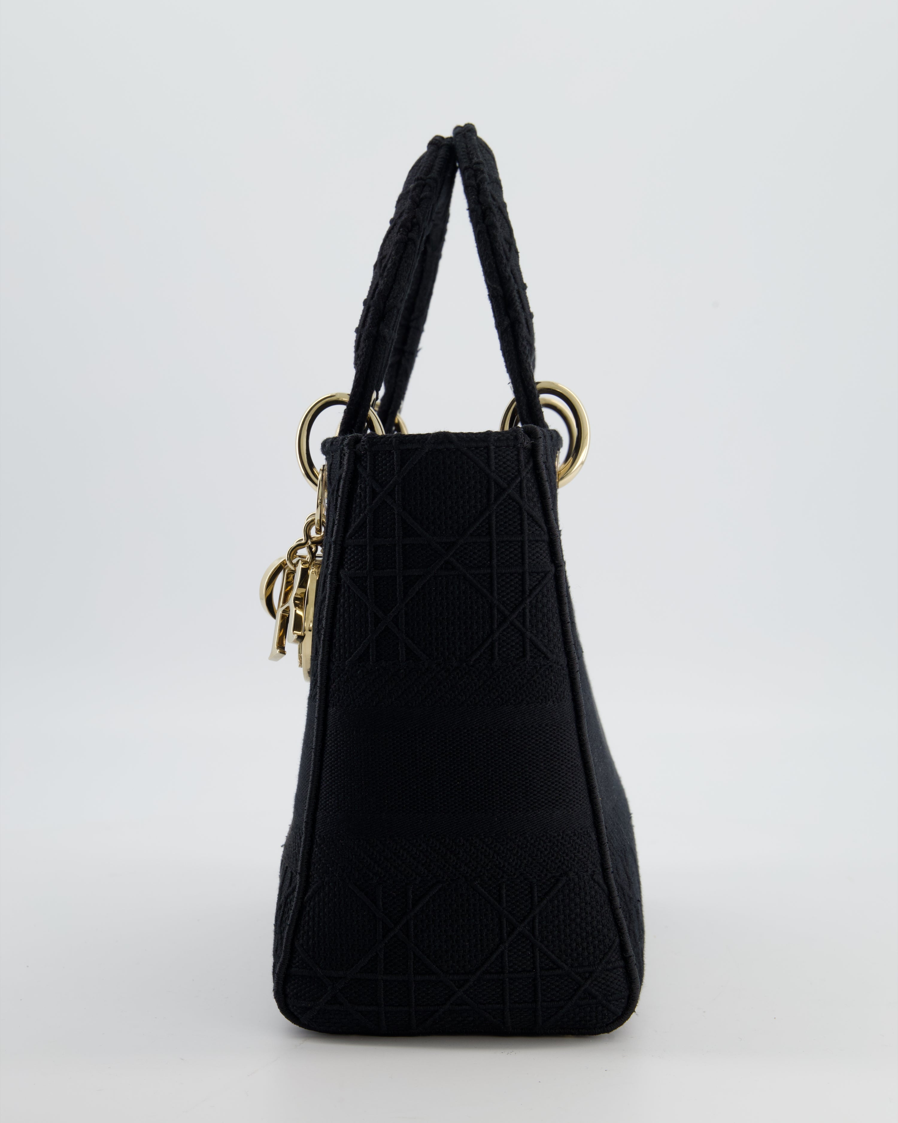 Christian Dior Black Medium Lady D-Lite Bag in Cotton Cannage Canvas with Champagne Gold Hardware RRP £4,100