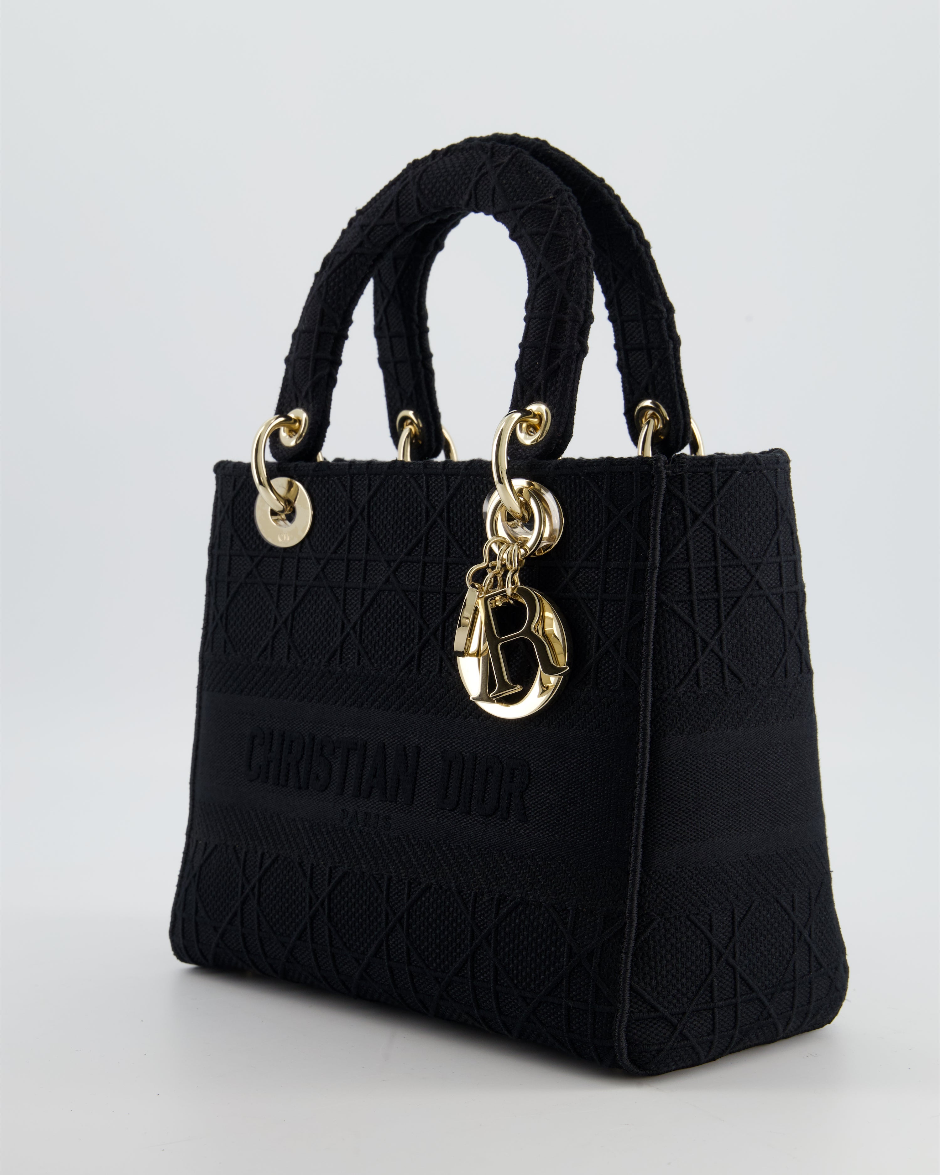 Christian Dior Black Medium Lady D-Lite Bag in Cotton Cannage Canvas with Champagne Gold Hardware RRP £4,100