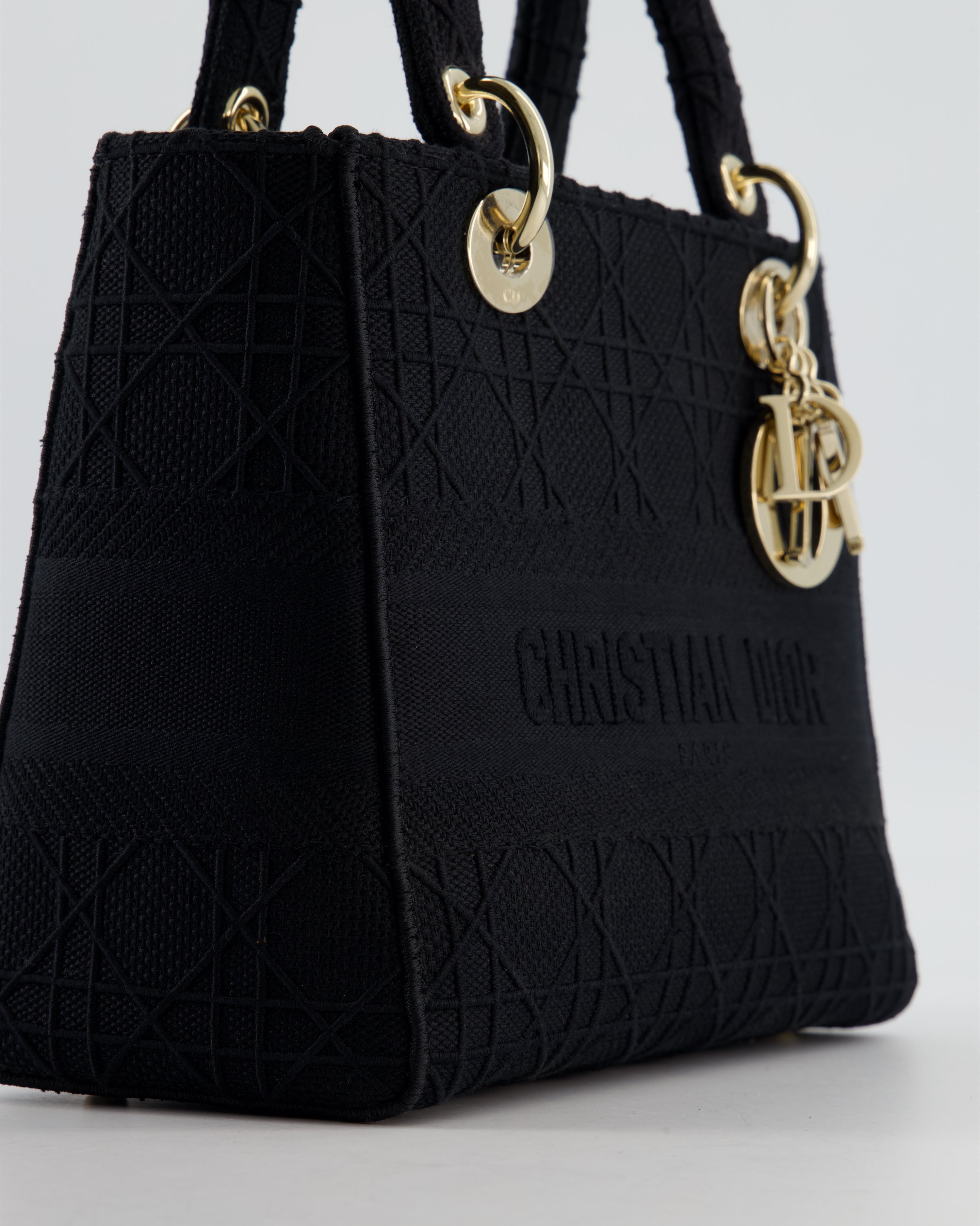 Christian Dior Black Medium Lady D-Lite Bag in Cotton Cannage Canvas with Champagne Gold Hardware RRP £4,100