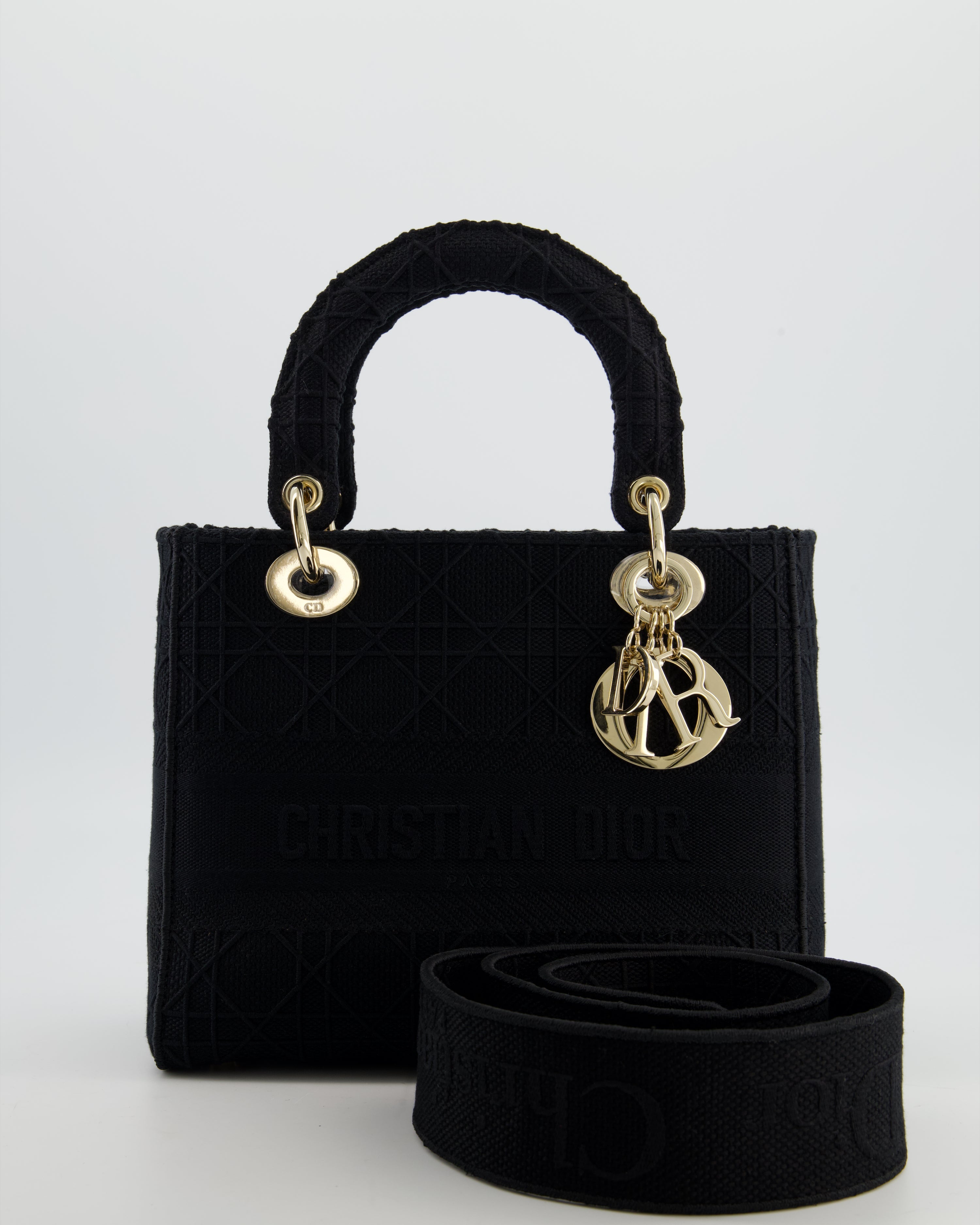 Christian Dior Black Medium Lady D-Lite Bag in Cotton Cannage Canvas with Champagne Gold Hardware RRP £4,100