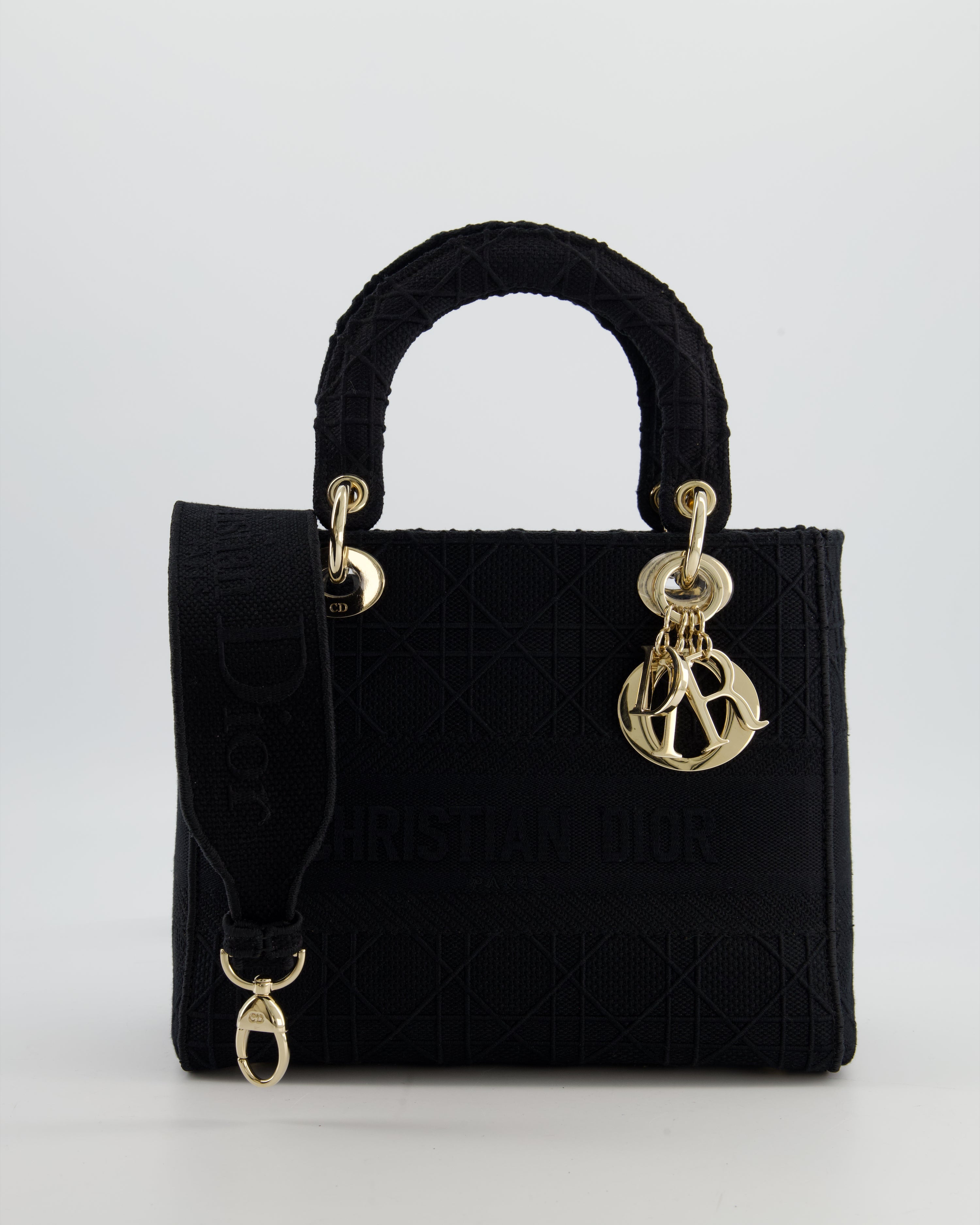 Christian Dior Black Medium Lady D-Lite Bag in Cotton Cannage Canvas with Champagne Gold Hardware RRP £4,100