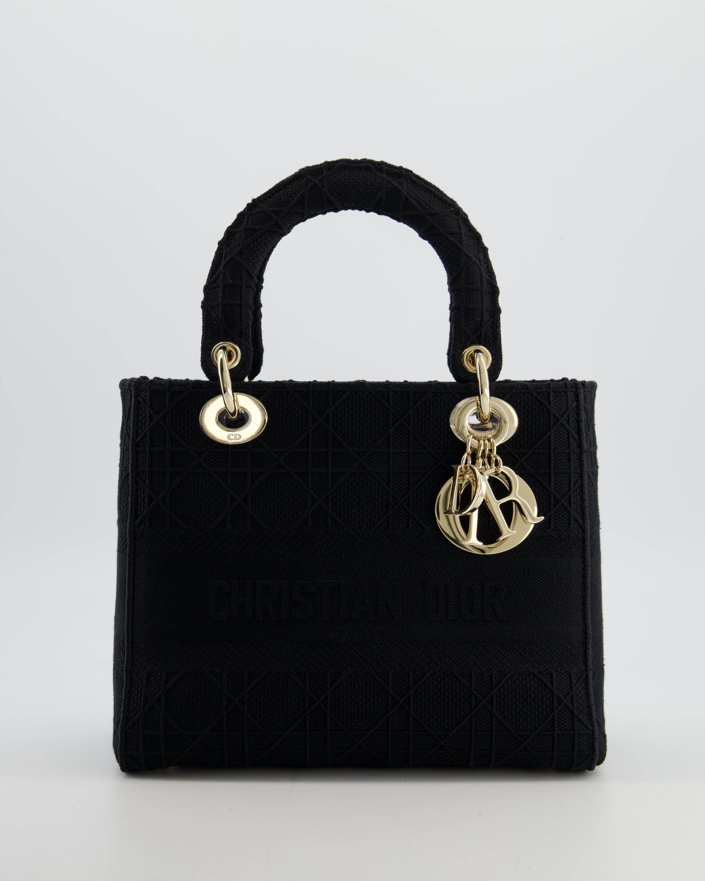 Christian Dior Black Medium Lady D-Lite Bag in Cotton Cannage Canvas with Champagne Gold Hardware RRP £4,100