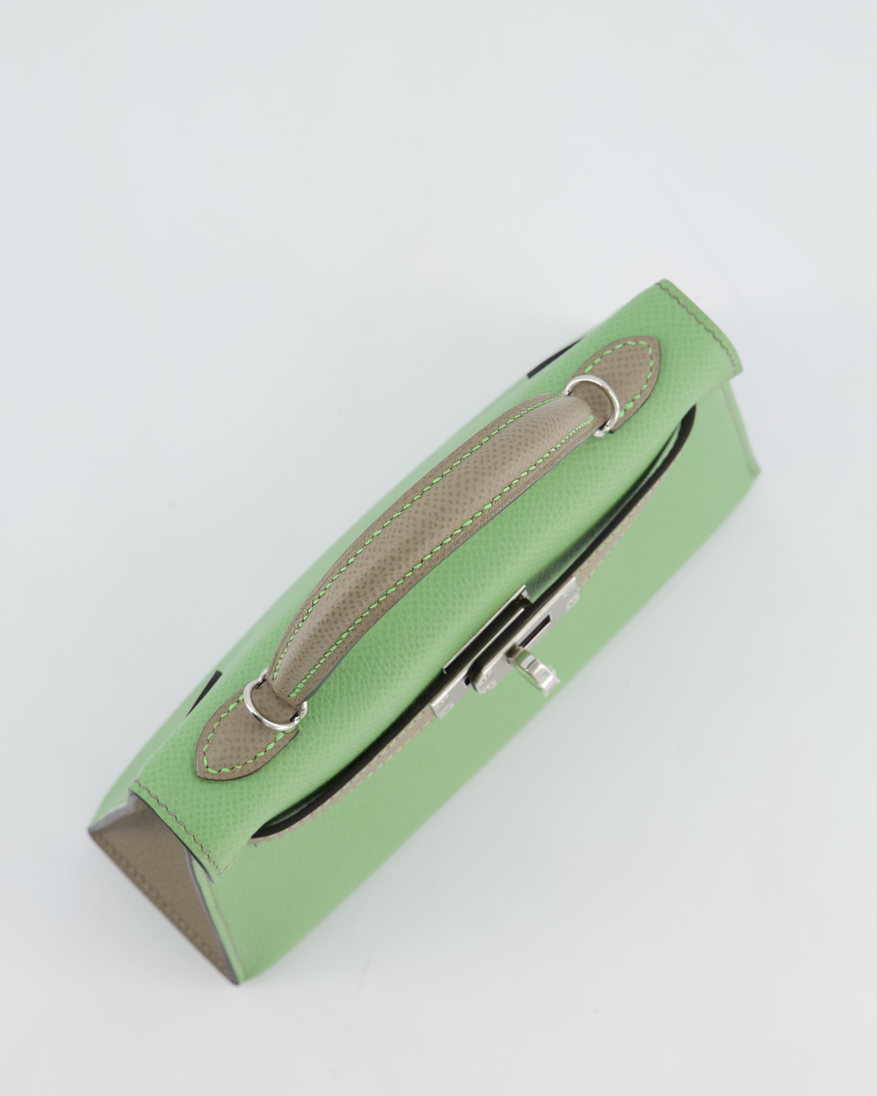 *SUPER RARE* Hermès HSS Mini Kelly II 20 Bag in Vert Criquet & Gris Asphalte Epsom Leather with Contrast Stitching and Palladium Hardware