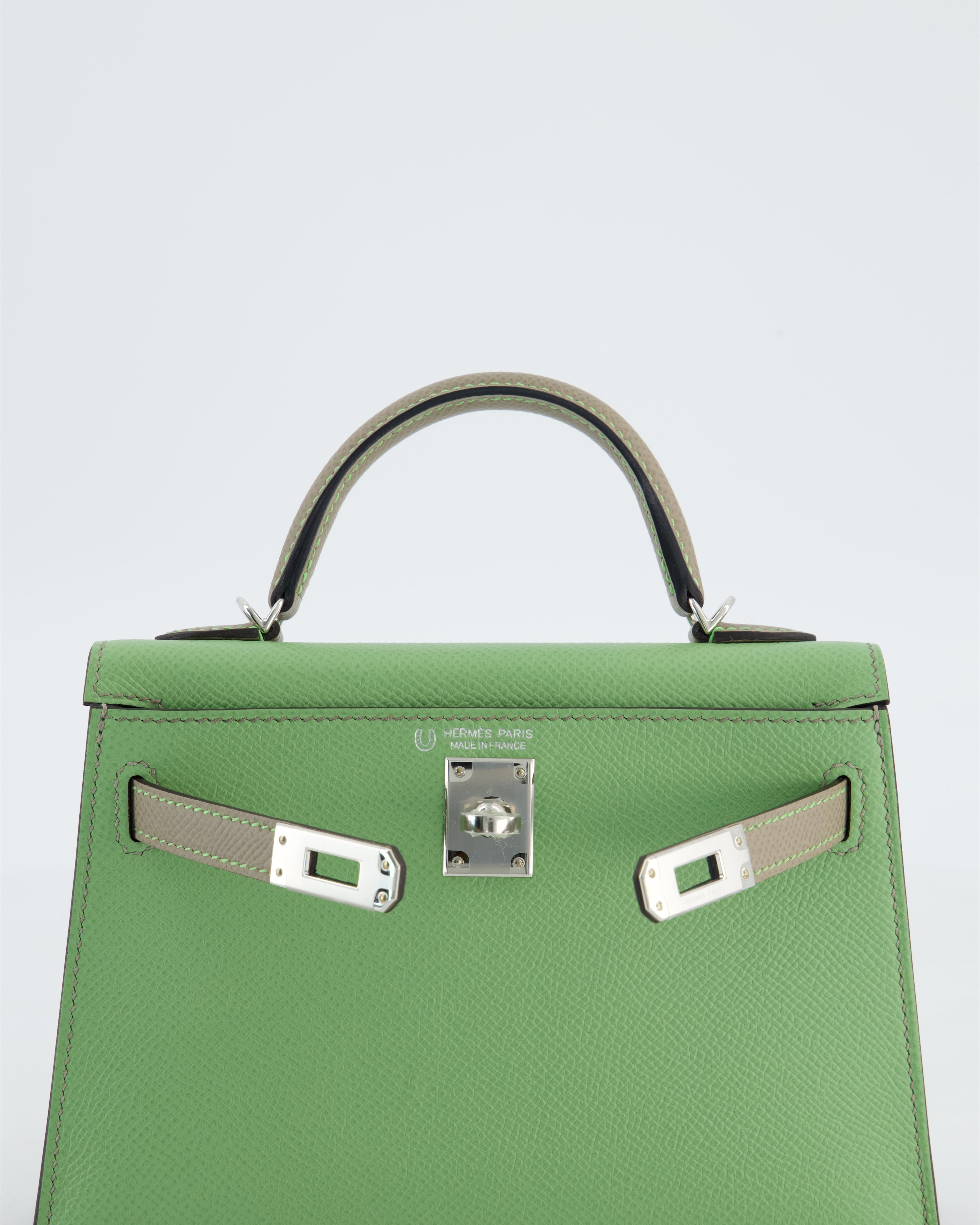 *SUPER RARE* Hermès HSS Mini Kelly II 20 Bag in Vert Criquet & Gris Asphalte Epsom Leather with Contrast Stitching and Palladium Hardware