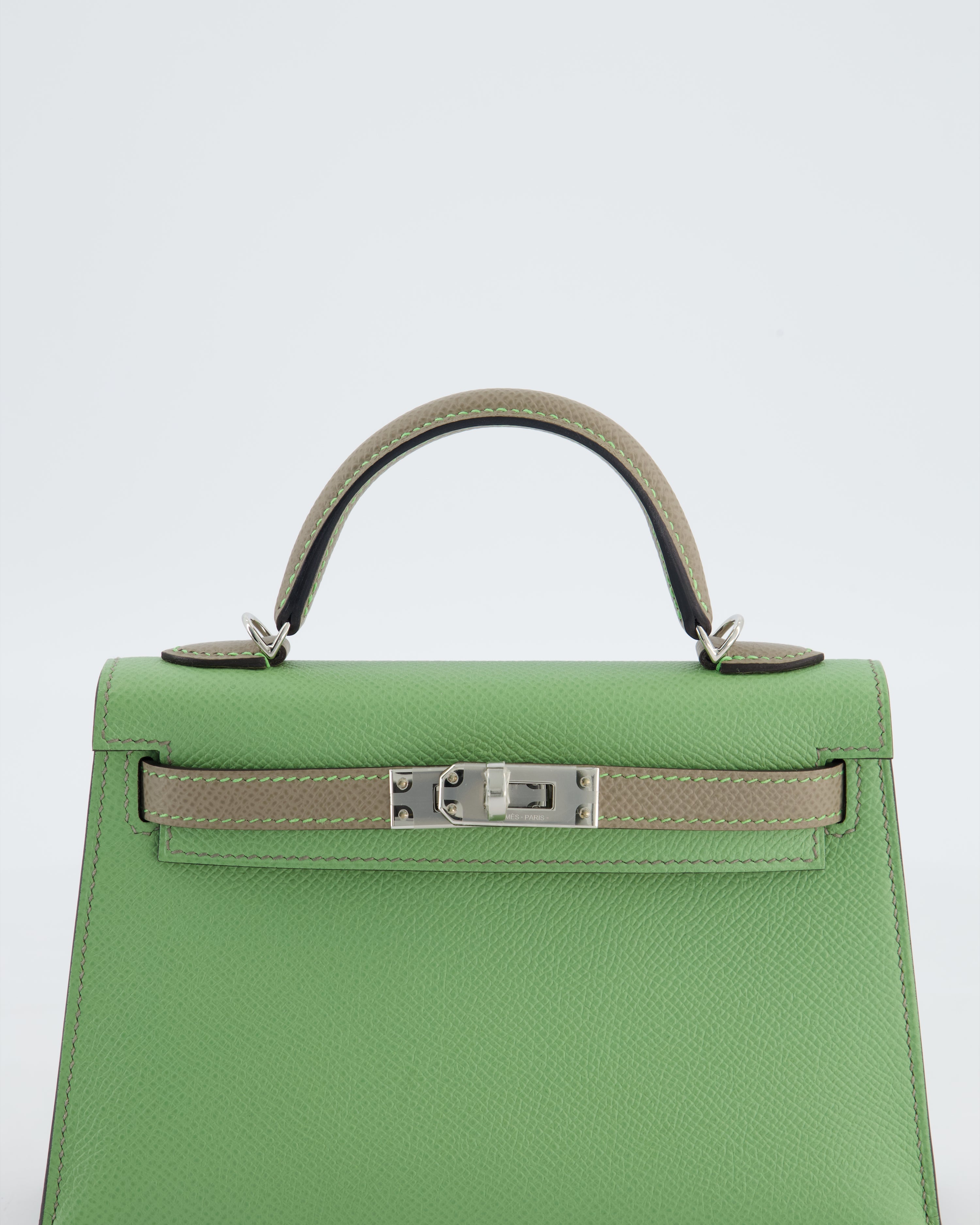 *SUPER RARE* Hermès HSS Mini Kelly II 20 Bag in Vert Criquet & Gris Asphalte Epsom Leather with Contrast Stitching and Palladium Hardware
