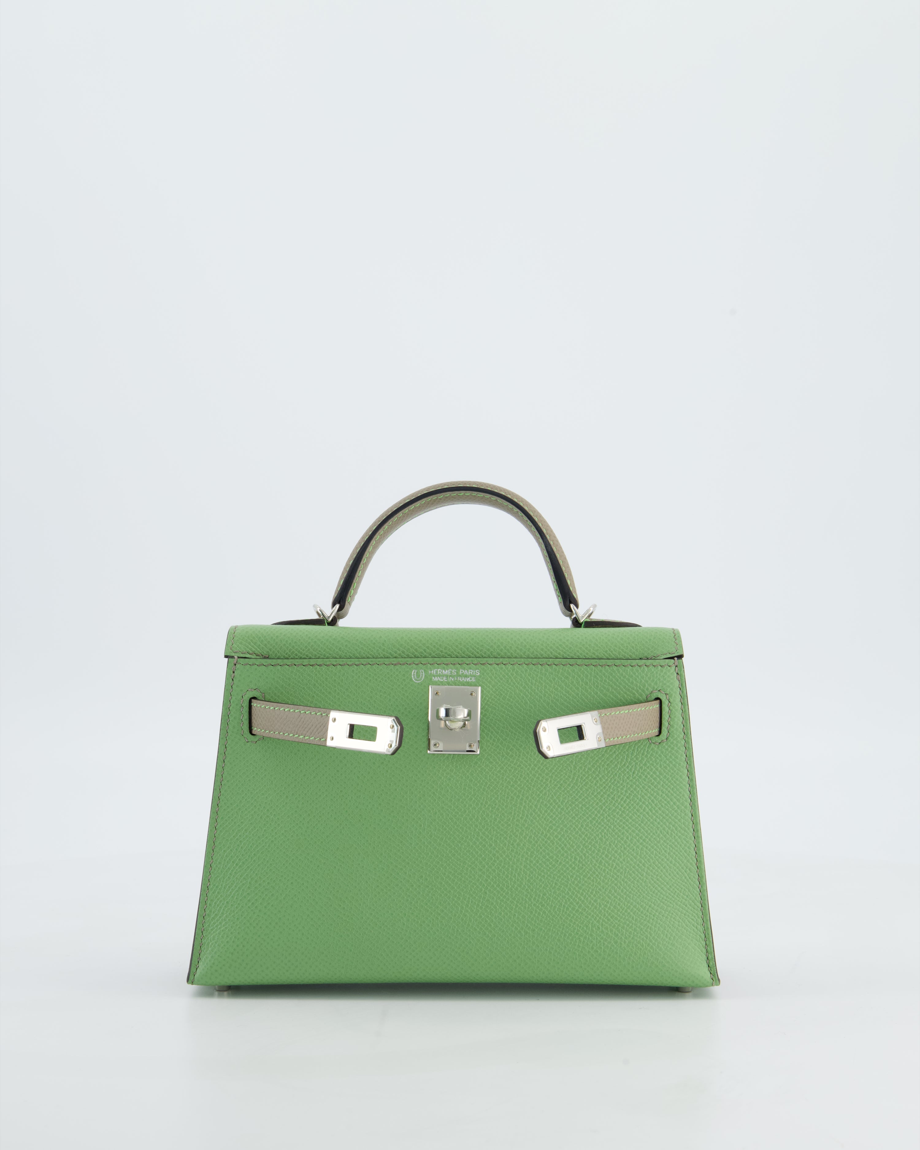 *SUPER RARE* Hermès HSS Mini Kelly II 20 Bag in Vert Criquet & Gris Asphalte Epsom Leather with Contrast Stitching and Palladium Hardware