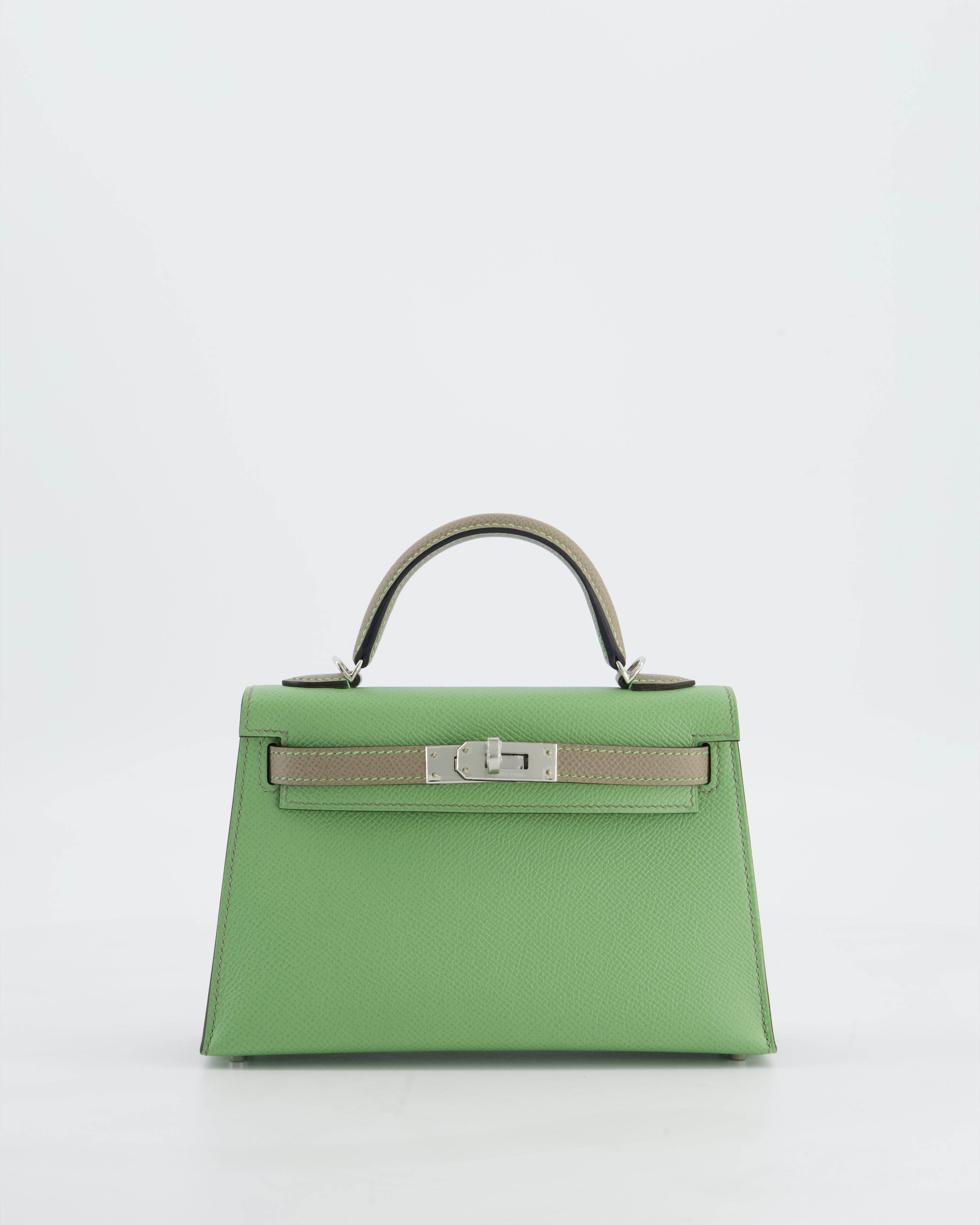 *SUPER RARE* Hermès HSS Mini Kelly II 20 Bag in Vert Criquet & Gris Asphalte Epsom Leather with Contrast Stitching and Palladium Hardware